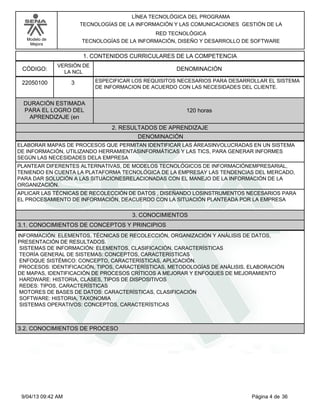 Modelo de
Mejora
LÍNEA TECNOLÓGICA DEL PROGRAMA
TECNOLOGÍAS DE LA INFORMACIÓN Y LAS COMUNICACIONES GESTIÓN DE LA
RED TECNOLÓGICA
TECNOLOGÍAS DE LA INFORMACIÓN, DISEÑO Y DESARROLLO DE SOFTWARE
1. CONTENIDOS CURRICULARES DE LA COMPETENCIA
DENOMINACIÓNCÓDIGO:
22050100
VERSIÓN DE
LA NCL
3
2. RESULTADOS DE APRENDIZAJE
ESPECIFICAR LOS REQUISITOS NECESARIOS PARA DESARROLLAR EL SISTEMA
DE INFORMACION DE ACUERDO CON LAS NECESIDADES DEL CLIENTE.
DURACIÓN ESTIMADA
PARA EL LOGRO DEL
APRENDIZAJE (en
120 horas
DENOMINACIÓN
ELABORAR MAPAS DE PROCESOS QUE PERMITAN IDENTIFICAR LAS ÁREASINVOLUCRADAS EN UN SISTEMA
DE INFORMACIÓN, UTILIZANDO HERRAMIENTASINFORMÁTICAS Y LAS TICS, PARA GENERAR INFORMES
SEGÚN LAS NECESIDADES DELA EMPRESA
PLANTEAR DIFERENTES ALTERNATIVAS, DE MODELOS TECNOLÓGICOS DE INFORMACIÓNEMPRESARIAL,
TENIENDO EN CUENTA LA PLATAFORMA TECNOLÓGICA DE LA EMPRESAY LAS TENDENCIAS DEL MERCADO,
PARA DAR SOLUCIÓN A LAS SITUACIONESRELACIONADAS CON EL MANEJO DE LA INFORMACIÓN DE LA
ORGANIZACIÓN.
APLICAR LAS TÉCNICAS DE RECOLECCIÓN DE DATOS , DISEÑANDO LOSINSTRUMENTOS NECESARIOS PARA
EL PROCESAMIENTO DE INFORMACIÓN, DEACUERDO CON LA SITUACIÓN PLANTEADA POR LA EMPRESA
3. CONOCIMIENTOS
3.1. CONOCIMIENTOS DE CONCEPTOS Y PRINCIPIOS
INFORMACIÓN: ELEMENTOS, TÉCNICAS DE RECOLECCIÓN, ORGANIZACIÓN Y ANÁLISIS DE DATOS,
PRESENTACIÓN DE RESULTADOS.
SISTEMAS DE INFORMACIÓN: ELEMENTOS, CLASIFICACIÓN, CARACTERÍSTICAS
TEORÍA GENERAL DE SISTEMAS: CONCEPTOS, CARACTERÍSTICAS
ENFOQUE SISTÉMICO: CONCEPTO, CARACTERÍSTICAS, APLICACIÓN.
PROCESOS: IDENTIFICACIÓN, TIPOS, CARACTERÍSTICAS, METODOLOGÍAS DE ANÁLISIS, ELABORACIÓN
DE MAPAS, IDENTIFICACIÓN DE PROCESOS CRÍTICOS A MEJORAR Y ENFOQUES DE MEJORAMIENTO
HARDWARE: HISTORIA, CLASES, TIPOS DE DISPOSITIVOS
REDES: TIPOS, CARACTERÍSTICAS
MOTORES DE BASES DE DATOS: CARACTERÍSTICAS, CLASIFICACIÓN
SOFTWARE: HISTORIA, TAXONOMIA
SISTEMAS OPERATIVOS: CONCEPTOS, CARACTERÍSTICAS
3.2. CONOCIMIENTOS DE PROCESO
Página 4 de 369/04/13 09:42 AM
 