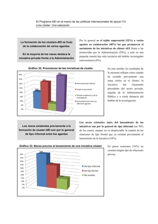 El Programa AEI en el marco de las políticas internacionales de apoyo 113
                   a los clúster. Una valoración




                                                       Por lo general es el tejido empresarial (32%) o varios
 La formación de los clusters-AEI es fruto
                                                       agentes en colaboración (40%) los que promueven el
      de la colaboración de varios agentes.
                                                       nacimiento de las iniciativas de clúster-AEI frente a las
                                                       promovidas por la Administración (20%), y sólo en una
      En la mayoría de los casos destaca la
                                                       pequeña cuantía han sido iniciativa del ámbito investigador
iniciativa privada frente a la Administración
                                                       (universitario) (8%).


             Gráfico 32. Promotores de las iniciativas de cluster                En este sentido, los resultados de
                                      40%                                        la encuesta reflejan cómo cuando
40%
                                                                                 ha   existido   previamente   una
35%                       32%
                                                                                 masa crítica en el clúster, la
30%                                                 Administración Pública
                                                                                 iniciativa      fue   claramente
25%                                                                              procedente del sector privado,
                  20%                               Tejido empresarial
20%                                                                              seguida de la Administración
                                                    Ámbito académico y de la
15%
                                                    investigación                Pública y a cierta distancia del
10%                             8%                  Conjuntamente entre los      ámbito de la investigación.
                                                    diferente agentes
 5%

  0%




                                                       Los nexos existentes antes del lanzamiento de las
      Los nexos existentes previamente a la            iniciativas son por lo general de tipo informal (un 50%
formación de cluster-AEI son por lo general            de los casos), aunque no es despreciable la cuantía de las
           de tipo informal entre los agentes          relaciones de tipo formal que ya existían previamente al
                                                       lanzamiento de la iniciativa (34%).

Gráfico 33. Nexos previos al lanzamiento de una iniciativa clúster               En pocas ocasiones (16%) no
                        50%                                                      existían ningún tipo de relaciones
50%                                                                              previas.
 45%
 40%
                                34%
 35%
                                                             De tipo informal
 30%
 25%                                                         De tipo formal
 20%                                                         No existían
                                       16%
 15%
 10%
  5%
      0%
 