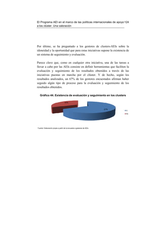 El Programa AEI en el marco de las políticas internacionales de apoyo 124
a los clúster. Una valoración




Por último, se ha preguntado a los gestores de clusters-AEIs sobre la
idoneidad y la oportunidad que para estas iniciativas supone la existencia de
un sistema de seguimiento y evaluación.

Parece clave que, como en cualquier otra iniciativa, una de las tareas a
llevar a cabo por las AEIs consiste en definir herramientas que faciliten la
evaluación y seguimiento de los resultados obtenidos a través de las
iniciativas puestas en marcha por el clúster. Y de hecho, según los
resultados analizados, un 67% de los gestores encuestados afirman haber
seguido algún tipo de proceso para la evaluación y seguimiento de los
resultados obtenidos.

  Gráfico 44. Existencia de evaluación y seguimiento en los clusters

                                    33%


                                                                        67%
                                                                              Si
                                                                              No




Fuente: Elaboración propia a partir de la encuesta a gestores de AEIs
 