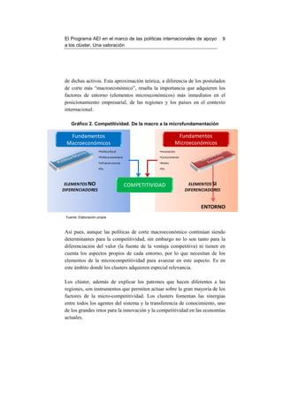 El Programa AEI en el marco de las políticas internacionales de apoyo                    9
 a los clúster. Una valoración




 de dichas activos. Esta aproximación teórica, a diferencia de los postulados
 de corte más “macroeconómico”, resalta la importancia que adquieren los
 factores de entorno (elementos microeconómicos) más inmediatos en el
 posicionamiento empresarial, de las regiones y los países en el contexto
 internacional.

    Gráfico 2. Competitividad. De la macro a la microfundamentación

  Fundamentos                                                      Fundamentos
 Macroeconómicos                                                  Microeconómicos
                      •Política fiscal                  •Innovación
                      •Política monetaria               •Conocimiento
                      •Infraestructuras                 •Redes
                      •Etc.                             •Etc.




 ELEMENTOS NO                               COMPETITIVIDAD                ELEMENTOS SI
DIFERENCIADORES                                                         DIFERENCIADORES


                                                                              ENTORNO
 Fuente: Elaboración propia



 Así pues, aunque las políticas de corte macroeconómico continúan siendo
 determinantes para la competitividad, sin embargo no lo son tanto para la
 diferenciación del valor (la fuente de la ventaja competitiva) ni tienen en
 cuenta los aspectos propios de cada entorno, por lo que necesitan de los
 elementos de la microcompetitividad para avanzar en este aspecto. Es en
 este ámbito donde los clusters adquieren especial relevancia.

 Los clúster, además de explicar los patrones que hacen diferentes a las
 regiones, son instrumentos que permiten actuar sobre la gran mayoría de los
 factores de la micro-competitividad. Los clusters fomentan las sinergias
 entre todos los agentes del sistema y la transferencia de conocimiento, uno
 de los grandes retos para la innovación y la competitividad en las economías
 actuales.
 
