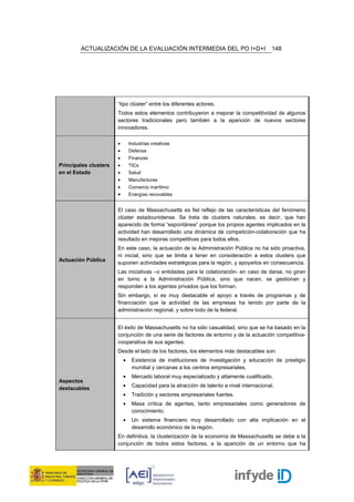 ACTUALIZACIÓN DE LA EVALUACIÓN INTERMEDIA DEL PO I+D+I                              148




                       “tipo clúster” entre los diferentes actores.
                       Todos estos elementos contribuyeron a mejorar la competitividad de algunos
                       sectores tradicionales pero también a la aparición de nuevos sectores
                       innovadores.

                       •       Industrias creativas
                       •       Defensa
                       •       Finanzas
Principales clusters   •       TICs
en el Estado           •       Salud
                       •       Manufacturas
                       •       Comercio marítimo
                       •       Energías renovables


                       El caso de Massachusetts es fiel reflejo de las características del fenómeno
                       clúster estadounidense. Se trata de clusters naturales, es decir, que han
                       aparecido de forma “espontánea” porque los propios agentes implicados en la
                       actividad han desarrollado una dinámica de competición-colaboración que ha
                       resultado en mejoras competitivas para todos ellos.
                       En este caso, la actuación de la Administración Pública no ha sido proactiva,
                       ni inicial, sino que se limita a tener en consideración a estos clusters que
Actuación Pública
                       suponen actividades estratégicas para la región, y apoyarlos en consecuencia.
                       Las iniciativas –o entidades para la colaboración- en caso de darse, no giran
                       en torno a la Administración Pública, sino que nacen, se gestionan y
                       responden a los agentes privados que los forman.
                       Sin embargo, sí es muy destacable el apoyo a través de programas y de
                       financiación que la actividad de las empresas ha tenido por parte de la
                       administración regional, y sobre todo de la federal.


                       El éxito de Massachusetts no ha sido casualidad, sino que se ha basado en la
                       conjunción de una serie de factores de entorno y de la actuación competitiva-
                       cooperativa de sus agentes.
                       Desde el lado de los factores, los elementos más destacables son:
                           •    Existencia de instituciones de investigación y educación de prestigio
                                mundial y cercanas a los centros empresariales.
                           •    Mercado laboral muy especializado y altamente cualificado.
Aspectos
                           •    Capacidad para la atracción de talento a nivel internacional.
destacables
                           •    Tradición y sectores empresariales fuertes.
                           •    Masa crítica de agentes, tanto empresariales como generadores de
                                conocimiento.
                           •    Un sistema financiero muy desarrollado con alta implicación en el
                                desarrollo económico de la región.
                       En definitiva, la clusterización de la economía de Massachusetts se debe a la
                       conjunción de todos estos factores, a la aparición de un entorno que ha
 
