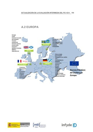 ACTUALIZACIÓN DE LA EVALUACIÓN INTERMEDIA DEL PO I+D+I                164




                       A.2 EUROPA

•Energía
•Textil
•Ciencias de la vida                                        •TIC
•Aeroespacial                                               •Ciencias de la Vida
•Turismo                                                    •Finanzas
•Audiovisual                                                •Robótica y procesos
•Ciencias químicas                                          •Energías renovables
                                               ESTOCOLMO
•Construcción                                               •Robótica
•Financiero                                                 •Hospitalidad
•Bebidas y comidas
•Madera
•Manufacturas                  ESCOCIA

                                                                 •Biotecnología
                                                                 •Aeroespacial
                                                                 •Navegación por satélite
                                                                 •TICs
                                                                 •Medioambiente
                                                                 •Medicina
                                                                 •Automoción
                                                  BAVIERA
               ÎLE DE FRANCE                                     •Química
                                                                 •Energía
               •Urbanismo                                        •Madera
               •Aeroespacial                                     •Audiovisual
               •TIC                                              •Finanzas                  Buenas Prácticas
               •Cosmética                                        •Logística
               •Medicina                                         •Nanotecnología            de Clusters en
               •Logística                                        •Robótica y procesos
               •Audiovisual                                      •Nuevos materiales
                                                                                            Europa
               •Financiero
 