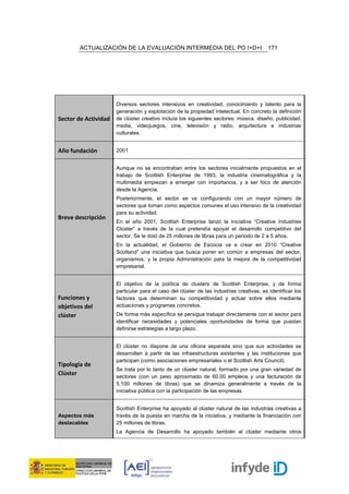 ACTUALIZACIÓN DE LA EVALUACIÓN INTERMEDIA DEL PO I+D+I                            171




                      Diversos sectores intensivos en creatividad, conocimiento y talento para la
                      generación y explotación de la propiedad intelectual. En concreto la definición
Sector de Actividad   de clúster creativo incluía los siguientes sectores: música, diseño, publicidad,
                      media, videojuegos, cine, televisión y radio, arquitectura e industrias
                      culturales.


Año fundación         2001


                      Aunque no se encontraban entre los sectores inicialmente propuestos en el
                      trabajo de Scottish Enterprise de 1993, la industria cinematográfica y la
                      multimedia empiezan a emerger con importancia, y a ser foco de atención
                      desde la Agencia.
                      Posteriormente, el sector se va configurando con un mayor número de
                      sectores que toman como aspectos comunes el uso intensivo de la creatividad
                      para su actividad.
Breve descripción
                      En el año 2001, Scottish Enterprise lanzó la iniciativa “Creative Industries
                      Clúster” a través de la cual pretendía apoyar el desarrollo competitivo del
                      sector. Se le dotó de 25 millones de libras para un periodo de 2 a 5 años.
                      En la actualidad, el Gobierno de Escocia va a crear en 2010 “Creative
                      Scotland” una iniciativa que busca poner en común a empresas del sector,
                      organismos, y la propia Administración para la mejora de la competitividad
                      empresarial.


                      El objetivo de la política de clusters de Scottish Enterprise, y de forma
                      particular para el caso del clúster de las industrias creativas, es identificar los
Funciones y           factores que determinan su competitividad y actuar sobre ellos mediante
objetivos del         actuaciones y programas concretos.
clúster               De forma más específica se persigue trabajar directamente con el sector para
                      identificar necesidades y potenciales oportunidades de forma que puedan
                      definirse estrategias a largo plazo.


                      El clúster no dispone de una oficina separada sino que sus actividades se
                      desarrollan a partir de las infraestructuras existentes y las instituciones que
                      participan (como asociaciones empresariales o el Scottish Arts Council).
Tipología de
                      Se trata por lo tanto de un clúster natural, formado por una gran variedad de
Clúster               sectores (con un peso aproximado de 60.00 empleos y una facturación de
                      5.100 millones de libras) que se dinamiza generalmente a través de la
                      iniciativa pública con la participación de las empresas.


                      Scottish Enterprise ha apoyado al clúster natural de las industrias creativas a
Aspectos más          través de la puesta en marcha de la iniciativa, y mediante la financiación con
destacables           25 millones de libras.
                      La Agencia de Desarrollo ha apoyado también al clúster mediante otros
 
