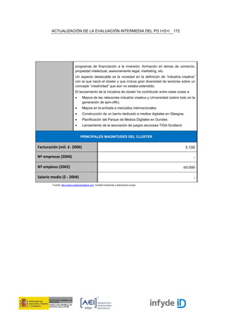 ACTUALIZACIÓN DE LA EVALUACIÓN INTERMEDIA DEL PO I+D+I                                  172




                              programas de financiación a la inversión, formación en temas de comercio,
                              propiedad intelectual, asesoramiento legal, marketing, etc.
                              Un aspecto destacable es la novedad en la definición de “industria creativa”
                              con la que nació el clúster y que incluía gran diversidad de sectores sobre un
                              concepto “creatividad” que aún no estaba extendido.
                              El lanzamiento de la iniciativa de clúster ha contribuido entre ostas cosas a:
                              •     Mejora de las relaciones industria creativa y Universidad (sobre todo en la
                                    generación de spin-offs).
                              •     Mejora en la entrada a mercados internacionales
                              •     Construcción de un barrio dedicado a medios digitales en Glasgow.
                              •     Planificación del Parque de Medios Digitales en Dundee.
                              •     Lanzamiento de la asociación de juegos escocesa TIGA Scotland.


                                   PRINCIPALES MAGNITUDES DEL CLUSTER


Facturación (mil. £- 2006)                                                                              5.100

Nº empresas (2004)                                                                                             -

Nº empleos (2002)                                                                                      60.000

Salario medio ($ - 2004)                                                                                       -
        Fuente: http://www.creativescotland.com, Scottish Enterprise y elaboración propia
 