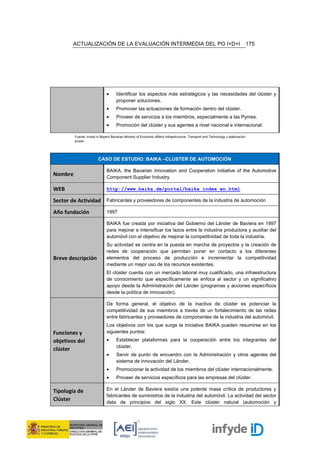 ACTUALIZACIÓN DE LA EVALUACIÓN INTERMEDIA DEL PO I+D+I                                                                    175




                               •     Identificar los aspectos más estratégicos y las necesidades del clúster y
                                     proponer soluciones.
                               •     Promover las actuaciones de formación dentro del clúster.
                               •     Proveer de servicios a los miembros, especialmente a las Pymes.
                               •     Promoción del clúster y sus agentes a nivel nacional e internacional.

         Fuente: Invest in Bayern Bavarian Ministry of Economic Affairs Infraestructure, Transport and Technology y elaboración
         propia




                         CASO DE ESTUDIO: BAIKA –CLUSTER DE AUTOMOCIÓN

                               BAIKA, the Bavarian Innovation and Cooperation Initiative of the Automotive
Nombre                         Component Supplier Industry.

WEB                            http://www.baika.de/portal/baika_index_en.html

Sector de Actividad Fabricantes y proveedores de componentes de la industria de automoción
Año fundación                  1997

                               BAIKA fue creada por iniciativa del Gobierno del Länder de Baviera en 1997
                               para mejorar e intensificar los lazos entre la industria productora y auxiliar del
                               automóvil con el objetivo de mejorar la competitividad de toda la industria.
                               Su actividad se centra en la puesta en marcha de proyectos y la creación de
                               redes de cooperación que permitan poner en contacto a los diferentes
Breve descripción              elementos del proceso de producción e incrementar la competitividad
                               mediante un mejor uso de los recursos existentes.
                               El clúster cuenta con un mercado laboral muy cualificado, una infraestructura
                               de conocimiento que específicamente se enfoca al sector y un significativo
                               apoyo desde la Administración del Länder (programas y acciones específicos
                               desde la política de innovación).

                               De forma general, el objetivo de la inactiva de clúster es potenciar la
                               competitividad de sus miembros a través de un fortalecimiento de las redes
                               entre fabricantes y proveedores de componentes de la industria del automóvil.
                               Los objetivos con los que surge la iniciativa BAIKA pueden resumirse en los
Funciones y                    siguientes puntos:
objetivos del                  •     Establecer plataformas para la cooperación entre los integrantes del
                                     clúster.
clúster
                               •     Servir de punto de encuentro con la Administración y otros agentes del
                                     sistema de innovación del Länder.
                               •     Promocionar la actividad de los miembros del clúster internacionalmente.
                               •     Proveer de servicios específicos para las empresas del clúster.

Tipología de                   En el Länder de Baviera existía una potente masa crítica de productores y
                               fabricantes de suministros de la industria del automóvil. La actividad del sector
Clúster                        data de principios del siglo XX. Este clúster natural (automoción y
 
