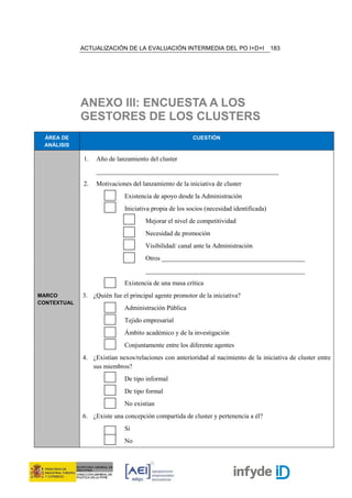 ACTUALIZACIÓN DE LA EVALUACIÓN INTERMEDIA DEL PO I+D+I                    183




             ANEXO III: ENCUESTA A LOS
             GESTORES DE LOS CLUSTERS
 ÁREA DE                                               CUESTIÓN
 ANÁLISIS

             1.   Año de lanzamiento del cluster
                  ________________________________________________________
             2.   Motivaciones del lanzamiento de la iniciativa de cluster
                            Existencia de apoyo desde la Administración
                            Iniciativa propia de los socios (necesidad identificada)
                                     Mejorar el nivel de competitividad
                                     Necesidad de promoción
                                     Visibilidad/ canal ante la Administración
                                     Otros ____________________________________________
                                     _________________________________________________
                            Existencia de una masa crítica
MARCO        3. ¿Quién fue el principal agente promotor de la iniciativa?
CONTEXTUAL
                            Administración Pública
                            Tejido empresarial
                            Ámbito académico y de la investigación
                            Conjuntamente entre los diferente agentes
             4. ¿Existían nexos/relaciones con anterioridad al nacimiento de la iniciativa de cluster entre
                sus miembros?
                            De tipo informal
                            De tipo formal
                            No existían
             6. ¿Existe una concepción compartida de cluster y pertenencia a él?
                            Si
                            No
 