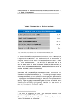 El Programa AEI en el marco de las políticas internacionales de apoyo 18
a los clúster. Una valoración




                   Tabla 4. Estados Unidos en términos de clusters


              EL FENÓMENO CLUSTER EN ESTADOS UNIDOS (año 2000)

     % del empleo respecto al total de USA                                                              31,8%

     Salario medio en los clusters ($)                                                                  45.040

     Salario en los clusters (USA=100)                                                                  137,0%

     Productividad en los clusters (USA=100)                                                            144,1%

     Patentes por 10.000 trabajadores                                                                     21,1


 Fuente: Cluster Mapping project. Institute for Strategy and Competitiveness. Harvard Business School




En la línea de los trabajos mencionados del Instituto para la Estrategia y la
Competitividad de Harvard22, esta misma institución ha desarrollado un
trabajo de identificación de clúster a nivel estatal para todo Estados Unidos,
el “Cluster Mapping Project”23. Este proyecto ha identificado más de 40
tipos de clúster, entre los que se encuentran algunos que son analizados en
mayor detalle en los anexos para ofrecer una visión bastante cercana de las
distintas realidades clúster estadounidense.

Los clúster más representativos aparecen en sectores tecnológicos muy
avanzados (como las biotecnologías, las TICs, salud, aeroespacial, nuevos
materiales, etc.) donde los beneficios inherentes de los flujos de información
y conocimiento son fundamentales para su desarrollo. Sin embargo, existen
también clúster en sectores más tradicionales (como el turismo, el sector
financiero, las actividades comerciales, la logística, etc.) que suponen un
peso muy importante en términos de empleo.




22
  Los trabajos de identificación de clusters a nivel internacional “International Cluster
Competitveness Project (ICCP)” y “el “Cluster Meta-study”.
23
  Elaborado po rel “Institute for Strategy and Competitiveness” de la Harvard Business School, el
“Council on Competitiveness” y el “Monitor Group”.
 