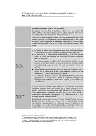 El Programa AEI en el marco de las políticas internacionales de apoyo 23
        a los clúster. Una valoración




                          empresarial los factores clave de todo el proceso.
                          En cualquier caso, la política de clusters se entiende como una cuestión del
                          ámbito estatal y comarcal, mientras que a nivel federal el objetivo es proveer el
                          entorno favorable, sin una orientación clúster específica.
                          La financiación federal ha tenido efectos muy importantes sobre la aparición y
                          posterior desarrollo de muchos de los clusters más importantes. En sus inicios
                          se orientó hacia tecnologías y actividades específicas en determinadas
                          localizaciones que posteriormente han surgido como polos avanzados a nivel
                          global.


                          •    La política de clúster, en el caso de serlo, se impulsa desde los Estados y
                               a nivel regional-comarcal. A nivel federal no existe una política formal.
                          •    La actuación de la Administración indirectamente, y no a través de una
                               política de clúster, ha contribuido a la aparición y concentración de masa
                               crítica en los clúster.
                          •
                                                                             25
                               Las instituciones para la colaboración (asociaciones, colectivos, redes
                               formales e informales etc.) sin constituir una iniciativa formal de clúster
Aspectos                       (una asociación) hacen las veces de punto de encuentro entre sus
destacables                    agentes.
                          •    Las iniciativas de clúster surgen de la proactividad de los agentes que lo
                               forman, en la mayor parte de los casos empresas o instituciones de
                               investigación, y no tanto la Administración Pública.
                          •    La política de clusters, en el caso de haberla formalmente, tiene una
                               aproximación de “abajo-arriba”, donde la definición estratégica se
                               construye con la participación de todos los agentes, y se transmite a la
                               Administración.


                          El clúster típico de Estados Unidos refleja una concentración de actividad
                          económica específica donde los agentes que la forman (empresas en su
                          mayoría, instituciones de investigación, otros agentes de la comunidad y la
                          propia Administración) interactúan de forma natural, por propia iniciativa,
                          definiendo sus necesidades estratégicas a futuro y desarrollando en su caso
Tipología de
                          acciones concretas para responderlas.
clusters
                          En Estados Unidos no está extendida la “oficina del clúster” como ocurre en
                          Europa, sino que el clúster se refiere a la “red natural” fruto de las
                          interrelaciones espontáneas de los diferentes agentes implicados en la
                          actividad económica en concreto. En su lugar pueden aparecer instituciones
                          para la colaboración, que hacen las veces de punto de encuentro.




        25
            Las instituciones para la colaboración es el término utilizado desde la óptica porteriana para
        denominar a aquellas entidades que tienen como misión representar los intereses de un colectivo en
        un cluster y actuar para mejorar su posición competitiva. Este término tiene grandes similitudes con
        lo que en Europa se ha denominado asociaciones clúster.
 
