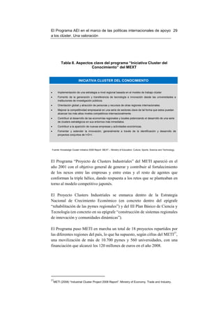 El Programa AEI en el marco de las políticas internacionales de apoyo 29
a los clúster. Una valoración




           Tabla 8. Aspectos clave del programa “Iniciativa Cluster del
                            Conocimiento” del MEXT


                         INICIATIVA CLUSTER DEL CONOCIMIENTO


•       Implementación de una estrategia a nivel regional basada en el modelo de trabajo clúster.
•       Fomento de la generación y transferencia de tecnología e innovación desde las universidades e
        instituciones de investigación públicos.
•       Orientación global y atracción de personas y recursos de otras regiones internacionales.
•       Mejorar la competitividad empresarial en una serie de sectores clave de tal forma que estos puedan
        alcanzar los más altos niveles competitivos internacionalmente.
•       Contribuir al desarrollo de las economías regionales y locales potenciando el desarrollo de una serie
        de clusters estratégicos en sus entornos más inmediatos.
•       Contribuir a la aparición de nuevas empresas y actividades económicas.
•       Fomentar y extender la innovación, generalmente a través de la identificación y desarrollo de
        proyectos conjuntos de I+D+I.




Fuente: Knowledge Cluster Initiative 2008 Report. MEXT – Ministry of Education, Culture, Sports, Science and Technology.




El Programa “Proyecto de Clusters Industriales” del METI apareció en el
año 2001 con el objetivo general de generar y contribuir al fortalecimiento
de los nexos entre las empresas y entre estas y el resto de agentes que
conforman la triple hélice, dando respuesta a los retos que se planteaban en
torno al modelo competitivo japonés.

El Proyecto Clusters Industriales se enmarca dentro de la Estrategia
Nacional de Crecimiento Económico (en concreto dentro del epígrafe
“rehabilitación de las pymes regionales”) y del III Plan Básico de Ciencia y
Tecnología (en concreto en su epígrafe “construcción de sistemas regionales
de innovación y comunidades dinámicas”).

El Programa puso METI en marcha un total de 18 proyectos repartidos por
las diferentes regiones del país, lo que ha supuesto, según cifras del METI27,
una movilización de más de 10.700 pymes y 560 universidades, con una
financiación que alcanzó los 120 millones de euros en el año 2008.




27
     METI (2008) “Industrial Cluster Project 2008 Report”. Ministry of Economy, Trade and Industry.
 