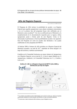 El Programa AEI en el marco de las políticas internacionales de apoyo 88
   a los clúster. Una valoración




    AEIs del Registro Especial
                                                                             ALCANCE E IMPACTO

   El Programa de AEIs incluye la posibilidad de acceder a un Registro
   Especial para aquellas agrupaciones cuyos planes estratégicos (presentados
   o no en la primera fase del programa) hayan sido calificados por el
   Ministerio como excelentes46. Así, tras su calificación por el Ministerio y la
   cumplimentación de la documentación requerida para su ingreso, dichas
   agrupaciones pasan a formar parte de este Registro. Como se ha
   mencionado, la pertenencia a él da la posibilidad de acceder a las siguientes
   fases del Programa así como de acceder más fácilmente a las ayudas
   establecidas en otros programas del MITYC.

   Al finalizar 2009, el número de AEIs incluidas en el Registro Especial del
   Ministerio ascendía a un total de 10147, repartidas de forma desigual a lo
   largo del territorio y también sectorialmente.

   Cataluña era la Comunidad Autónoma con mayor número de Agrupaciones
   en el Registro Especial, con un total de 22. A ésta le siguen Madrid con 13
   Agrupaciones, Andalucía y la Comunidad Valenciana con 11, y Castilla y
   León con 9.

           Gráfico 21. AEI en el Registro Espacial del MITYC (Año 2009) y
                           distribución por tipo de región



                                                     2          1
                                            6                          4 1
                                                            9
                                                                        2
                                                                                            22
                                                                                  4
                                                                13
                                                                        4         11             2
                                                   6
Regiones Convergencia              25                                         3
Regiones Ph-out                     5                      11
Regiones Ph-in                     21                                                                2
Regiones Competitividad            50

Total España                       101




   46
     Los criterios de excelencia vienen determinados por el punto de corte que, sobre los requisitos
   especificados establece el comité evaluador del Ministerio en cada convocatoria especifica.
   47
        En este caso sí están incluidas las AEIs turísticas, ya que el Registro es único.
 