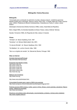 Programa de ÁREA DE INTEGRAÇÃO Cursos Profissionais
23
Bibliografia / Outros Recursos
Bibliografia
“Convenção para a protecção do património mundial, cultural e natural : conferência geral das
Nações Unidas para a educação, ciência e cultura, Paris 1972”, in Paixão, Maria de Lurdes Ludovice
(org.), (2004), Problemas do Mundo Contemporâneo: Colectânea de Textos II, Lisboa, Lisboa
Editora.
Declaração Universal dos Direitos Humanos (1998), Lisboa, Assembleia da República.
Morin, Edgar(1994), As Grandes Questões do Nosso Tempo, Lisboa, Editorial Notícias.
Savater, Fernando (1999), As Perguntas da Vida, Lisboa, D. Quixote.
Filmes
”Amistad”, dir. Steven Spielberg, EUA, 1997
”Kandahar”, dir. Mohsen Makhmalbaf, Irão, 2001.
“A Lista de Shindler”, dir. Stevem Spielberg, EUA, 1993
“Os Malditos”, dir. Luchino Visconti, Itália, 1969
“Non ou a vâ glória de mandar”, dir. Manoel de Oliveira, Portugal, 1990
Sites na Internet
Amnistia Internacional/Portugal
http://amnistia-internacional.pt
Programas das Nações Unidas:
http://www.undp.org
http://www.unhchr.ch/
http://www.unicef.org/
http://www.unaids.org
http://www.unesco.org/
http://www.fao.org/
Médicos sem Fronteiras
http://www.msf.org
http://www.oicos.de/html/start.html
Comunidade Europeia para o apoio a ONG’s de juventude:
http://www.europa.eu.int/comn/education/youth/program/ingyo/pt.html
Portal de serviços SOS (criança, mulher, apoio à vítima, Abraço, jovens grávidas, estudante, Palavra
Amiga, Telefone da Amizade)
http://www.terranatal.pt
Directivas comunitárias sobre alimentação, recomendações, protestos, notícias sobre cidadania
http://www.vegelist.online.fr/
 