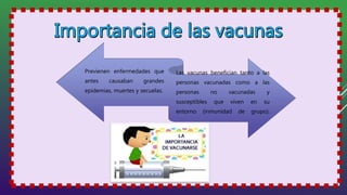 Previenen enfermedades que
antes causaban grandes
epidemias, muertes y secuelas.
Las vacunas benefician tanto a las
personas vacunadas como a las
personas no vacunadas y
susceptibles que viven en su
entorno (inmunidad de grupo).
 