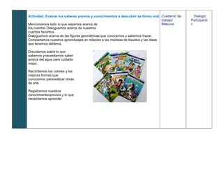 Actividad. Evaluar los saberes previos y conocimientos a descubrir de forma oral.
Mencionemos todo lo que sepamos acerca de
los cuentos.Dialoguemos acerca de nuestros
cuentos favoritos.
Dialoguemos acerca de las figuras geométricas que conocemos y sabemos trazar.
Compartamos nuestros aprendizajes en relación a las medidas de líquidos y las ideas
que tenemos deltema.
Discutamos sobre lo que
sabemos ynecesitamos saber
acerca del agua para cuidarla
mejor.
Recordemos los colores y las
mejores formas que
conocemos pararealizar obras
de arte
Registremos nuestros
conocimientosprevios y lo que
necesitamos aprender
Cuaderno de
trabajo/
Bitácora
Dialogo/
Participació
n
 