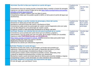Actividad. Escribir la idea que inspirará su cuento del agua.
Comentemos cómo los cuentos ayudan a transmitir ideas y enseñar a través de mensajes.
Leamos en voz alta el cuento El agua de la vida https://www.mundoprimaria.com/cuentos-
infantiles-cortos/el-agua-de-la-vida
Escribamos en nuestro cuaderno que nos deja el cuento.
Compartamos ideas que nos puedan ayudar a definir un tema para el cuento del agua que
escribiremos.
Cuaderno de
trabajo/
Bitácora
Escribir idea
deun
cuento.
Actividad. Dibujar y escribir nombre de personajes y título del cuento.
Pensemos en ideas para el título del cuento.
Decidamos cuál será el título del cuento y escribamos el título.
Comentemos cuáles serán los personajes de nuestro cuento imaginando cómo son cada
uno de ellos.Dibujemos a los personajes de nuestro cuento.
Pongamos nombre a cada personaje escribiendo en el dibujo cuál será.
Cuaderno de
trabajo/
Bitácora
Escribir idea
deun cuento,
dibujo de los
personajes
Actividad. Realizar una colorida obra de arte para la portada de su cuento.
Comentemos que la portada del cuento tiene que lucir artística y original y
mencionemos, qué nos gusta ypor qué nos gusta, de la imagen Portada con acuarelas.
Veamos el video PORTADAS bonitas con ACUARELAS.
https://www.youtube.com/watch?v=ixfviuZ_4VMMencionemos ideas para poder hacer
nuestra portada del cuento que vamos a escribir.
Realicemos el boceto de la portada.
Definamos los colores que utilizaremos registrando.
Cuaderno de
trabajo/
Bitácora
Escribir idea
deun
cuento.
Actividad. Realizar el cuento del agua.
Revisemos el título del cuento, los personajes y el boceto de la portada que
realizamos. Registremos el inicio del cuento, el desarrollo del mismo y el final
incluyendo a los personajes.Consideremos dibujar e incluir texto.
Construyamos nuestro cuento incluyendo la portada, el inicio, desarrollo y final
cuidando la calidad de lasilustraciones y el texto que utilizaremos.
Revisemos nuestro cuento terminado leyendo la rúbrica para encontrar detalles a mejorar.
Compartamos nuestro cuento terminado con otros miembros de la comunidad.
Cuaderno de
trabajo/
Bitácora
Realizar un
cuento con
las
característic
asindicadas
Actividad. Registrar la conclusión del experimento del agua.
El ciclo del agua, ¿por qué llueve? Lluvia
Materiales
Experimento
Realizar la
practica
 