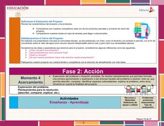 Página 19 de 37
Definamos la Evaluación del Proyecto
Revisar las características del proyecto y los productos.
 Comentemos con nuestros compañeros cada uno de los productos parciales y el evento de cierre del
proyecto.
 Compartamos nuestras dudas en caso de tenerlas para llegar a solucionarlas.
Estableceremos el Cierre del Proyecto:
Se realizará una presentación oral para la comunidad escolar, ya sea presencial o en línea, como el docente y el contexto lo permita, con el fin de
concientizar sobre el valor del agua como recurso natural indispensable para la vida y para cubrir sus necesidades básicas.
Socialicemos las ideas y expectativas que tenemos para el proyecto, consideremos algunas reflexiones como las siguientes.
 ¿Cómo visualizo mis productos?
 ¿Qué presentaremos como producto final?
 ¿Quién lo revisará?
 ¿De qué manera podríamos hacer más atractiva nuestra presentación?
Platiquemos nuestro proyecto con nuestra familia o compañeros con la intención de retroalimentar con más ideas.
Fase 2: Acción
Momento 4
Acercamiento
 Exploración del problema o situación acordada. Se diseñan planteamientos que permitan formular
una primera aproximación o exploración a las diversas facetas del problema a resolver. Esto es, que
permita describir, comparar, identificar aspectos sobresalientes, explicar el problema, entre otros,
tomando en cuenta la finalidad del proyecto.
Exploración del problema.
Planteamientos para la resolución
(describir, comparar, explicar, etc.)
Actividades
Enseñanza - Aprendizaje
Recursos y
Materiales
Didácticos de
apoyo a utilizar
Evidencias/
productos
Instrumentos
Tipo de
evaluación/
 