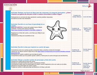 Página 20 de 37
Actividad. Realizar una lluvia de ideas para dar respuesta a la pregunta generadora. ¿Cómo
creamos una galería de arte para invitar a nuestra comunidad a cuidar el agua?
Participemos en una lluvia de ideas aportando nuestras posibles respuestas.
Escribamos la idea más interesante.
Actividad. Escribir en una frase el aprendizaje de un
cuento.
MAR DE PLÁSTICO- Cuento del cuidado hacia el Medio
ambiente- Cuentos para salvar el Planeta.
https://www.youtube.com/watch?v=5w-4ZdN_nQQ&t=7s
Registremos el título del cuento y una frase que refleje lo que
aprendimos.
Coloreemos el dibujo de la estrella de mar.
Actividad. Escribir la idea que inspirará su cuento del agua.
Comentemos cómo los cuentos ayudan a transmitir ideas y enseñar a través de mensajes.
Leamos en voz alta el cuento El agua de la vida https://www.mundoprimaria.com/cuentos-infantiles-cortos/el-
agua-de-la-vida
Escribamos en nuestro cuaderno que nos deja el cuento.
Compartamos ideas que nos puedan ayudar a definir un tema para el cuento del agua que escribiremos.
Actividad. Dibujar y escribir nombre de personajes y título del cuento.
Pensemos en ideas para el título del cuento.
Decidamos cuál será el título del cuento y escribamos el título.
Comentemos cuáles serán los personajes de nuestro cuento imaginando cómo son cada uno de ellos.
Dibujemos a los personajes de nuestro cuento.
Pongamos nombre a cada personaje escribiendo en el dibujo cuál será.
Cuaderno de
trabajo/ Bitácora
Cuaderno de
trabajo/ Bitácora
Cuaderno de
trabajo/ Bitácora
Cuaderno de
trabajo/ Bitácora
Lluvia de Ideas
Registro Titulo
del Cuento y
Dibujo.
Escribir idea de
un cuento.
Escribir idea de
un cuento,
dibujo de los
personajes
 