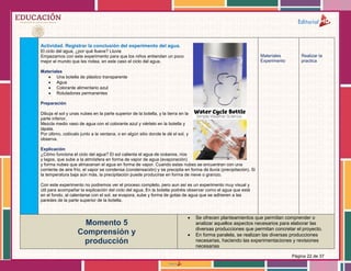 Página 22 de 37
Actividad. Registrar la conclusión del experimento del agua.
El ciclo del agua, ¿por qué llueve? Lluvia
Empezamos con este experimento para que los niños entiendan un poco
mejor el mundo que les rodea, en este caso el ciclo del agua.
Materiales
 Una botella de plástico transparente
 Agua
 Colorante alimentario azul
 Rotuladores permanentes
Preparación
Dibuja el sol y unas nubes en la parte superior de la botella, y la tierra en la
parte inferior.
Mezcla medio vaso de agua con el colorante azul y viértelo en la botella y
tápala.
Por último, colócalo junto a la ventana, o en algún sitio donde le dé el sol, y
observa.
Explicación
¿Cómo funciona el ciclo del agua? El sol calienta el agua de océanos, ríos
y lagos, que sube a la atmósfera en forma de vapor de agua (evaporación)
y forma nubes que almacenan el agua en forma de vapor. Cuando estas nubes se encuentran con una
corriente de aire frío, el vapor se condensa (condensación) y se precipita en forma de lluvia (precipitación). Si
la temperatura baja aún más, la precipitación puede producirse en forma de nieve o granizo.
Con este experimento no podremos ver el proceso completo, pero aun así es un experimento muy visual y
útil para acompañar la explicación del ciclo del agua. En la botella podréis observar como el agua que está
en el fondo, al calentarse con el sol, se evapora, sube y forma de gotas de agua que se adhieren a las
paredes de la parte superior de la botella.
Materiales
Experimento
Realizar la
practica
Momento 5
Comprensión y
producción
 Se ofrecen planteamientos que permitan comprender o
analizar aquellos aspectos necesarios para elaborar las
diversas producciones que permitan concretar el proyecto.
 En forma paralela, se realizan las diversas producciones
necesarias, haciendo las experimentaciones y revisiones
necesarias
 