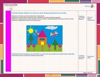 Página 26 de 37
Actividad. Dibujar objetos de su entorno a partir de figuras geométricas conocidas.
Revisemos el boceto que hemos elaborado anteriormente.
Realicemos nuestra pintura incluyendo color y detalles de acuerdo al siguiente ejemplo:
Mostremos nuestra pintura a otros miembros de la comunidad y después guardémosla para el evento de cierre.
Pensemos y registremos el título de nuestra pintura.
Actividad. Escribir palabras que describan una obra de arte a partir de la observación detenida.
Comentemos cómo nos sentimos pintando obras de arte.
Cuaderno
de trabajo/
Bitácora
Cuaderno
de trabajo/
Bitácora
Obra con
figuras
Geométricas
Descripción
obras
 