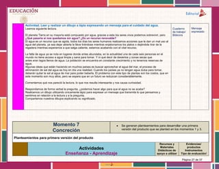 Página 27 de 37
Actividad. Leer y realizar un dibujo a lápiz expresando un mensaje para el cuidado del agua.
Leamos siguiente lectura.
El planeta Tierra en su mayoría está compuesto por agua, gracias a esta los seres vivos podemos sobrevivir, pero
¿Qué pasaría si nos quedamos sin agua? ¿Es un recurso renovable?
El agua es un recurso que se agota, todos los días los seres humanos realizamos acciones que le dan un mal uso al
agua del planeta, ya sea dejar abierta la llave tirándose mientras enjabonamos los platos o dejándola tirar de la
regadera mientras esperamos a que salga caliente, estamos acabando con el vital recurso.
La falta de agua ya se nota en lugares donde antes abundaba, en la actualidad una de cada seis personas en el
mundo no tiene acceso a agua limpia y sana para tomar. Y ni qué decir de desiertos y zonas secas que
antes eran lagos llenos de agua. La población se encuentra en constante crecimiento y no tenemos reservas de
agua.
Algunas ideas que están haciendo en muchos países es buscar aprovechar el agua del mar, el proceso de
eliminación de sal del agua es hoy en día una realidad. Cuando los países ya no tengan agua dulce para tomar,
deberán quitar la sal al agua de mar para poder beberla. El problema con este tipo de plantas son los costos, que en
este momento son muy altos, pero se espera que en un futuro se reduzcan considerablemente.
Comentemos qué nos pareció la lectura, lo que nos resulta interesante y nos causa curiosidad.
Respondamos de forma verbal la pregunta, ¿podemos hacer algo para que el agua no se acabe?
Realicemos un dibujo utilizando únicamente lápiz para expresar un mensaje que transmita lo que pensamos y
sentimos en relación a la lectura y a la pregunta.
Compartamos nuestros dibujos explicando su significado.
Cuaderno
de trabajo/
Bitácora
Mensaje
expresado
Momento 7
Concreción
 Se generan planteamientos para desarrollar una primera
versión del producto que se planteó en los momentos 1 y 3.
Planteamientos para primera versión del producto
Actividades
Enseñanza - Aprendizaje
Recursos y
Materiales
Didácticos de
apoyo a utilizar
Evidencias/
productos
Instrumentos
Tipo de evaluación/
 