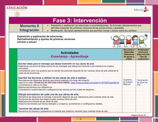 Página 29 de 37
Fase 3: Intervención
Momento 8
Integración
 Exposición y explicación de soluciones o recomendaciones. Se formulan planteamientos que
permitan presentar las primeras versiones de las producciones y ajustarlas.
 Modificación. Se hacen planteamientos que permitan revisar y actuar sobre los cambios.
Exposición y explicación de soluciones.
Retroalimentación y ajustes de primeras versiones
(revisar y actuar)
Actividades
Enseñanza - Aprendizaje
Recursos y
Materiales
Didácticos
de apoyo a
utilizar
Evidencias/
productos
Instrumentos
Tipo de
evaluación/
Escribir ideas para el mensaje que desea transmitir en sus obras de arte.
Realicemos una lluvia de ideas acerca de los mensajes que deseamos transmitir a los miembros de nuestra
comunidad.
Comentemos cómo nos gustaría que se sientan las personas después de ver nuestras obras de arte utilizando la
rueda de las emociones.
Escribir las técnicas a utilizar en las obras de arte a realizar.
Recordemos las diferentes técnicas que hemos realizado a lo largo del proyecto.
Veamos el video TÉCNICAS DE PINTURA PARA NIÑOS. https://www.youtube.com/watch?v=8Y4DZTpjixU&t=5s
Comentemos lo visto en el video.
Elijamos las técnicas que utilizaremos.
Compartamos nuestra elección y platiquemos las razones por las cuales las elegimos.
Dibujar borradores de cada una de sus obras de arte.
Revisemos las ideas para el mensaje a transmitir eligiendo las que utilizaremos para nuestras obras de arte.
Revisemos las técnicas que elegimos para nuestras obras de arte.
Realicemos los bocetos de las obras de arte.
6Veamos los bocetos que hemos realizado y corrijamos, aumentemos o modifiquemos detalles.
Terminar las obras de arte.
Revisemos los bocetos y preparemos el material que podemos necesitar para nuestras obras de arte.
Cuaderno
de trabajo/
Bitácora
Terminación
de obras de
arte.
 