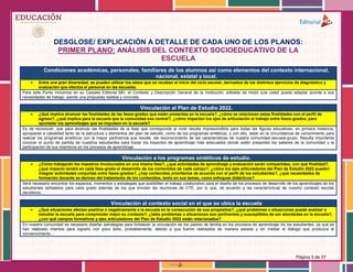 Página 3 de 37
DESGLOSE/ EXPLICACIÓN A DETALLE DE CADA UNO DE LOS PLANOS:
PRIMER PLANO: ANÁLISIS DEL CONTEXTO SOCIOEDUCATIVO DE LA
ESCUELA
Condiciones académicas, personales, familiares de los alumnos así como elementos del contexto internacional,
nacional, estatal y local.
 Entre una gran diversidad, se pueden utilizar los datos que se recaban al inicio del ciclo escolar, derivados de los distintos ejercicios de diagnóstico y
evaluación que efectúa el personal en las escuelas.
Para este Punto incluimos en su Carpeta Editorial MD, el Contexto y Descripción General de la Institución, editable de modo que usted pueda adaptar acorde a sus
necesidades de trabajo, siendo una propuesta realista y concreta.
Vinculación al Plan de Estudio 2022.
 ¿Qué implica alcanzar las finalidades de las fases-grados que están presentes en la escuela?, ¿cómo se relacionan estas finalidades con el perfil de
egreso?, ¿qué implica para la escuela que la comunidad sea central?, ¿cómo impactan los ejes de articulación al trabajo entre fases-grados, para
apuntalar los aprendizajes que se impulsen en la escuela?
Es de reconocer, que para alcanzar las finalidades de la fase que corresponde al nivel resulta imprescindible para todas las figuras educativas, en primera instancia,
apropiarse a cabalidad tanto de la estructura y elementos del plan de estudio, como de los programas sintéticos, y con ello, estar en la circunstancia de conocimiento para
realizar los programas analíticos con la mayor pertinencia que resulte, del reconocimiento de las características de nuestra comunidad-escuela-grupo. Resulta importante
conocer el punto de partida de nuestros estudiantes para trazar los trayectos de aprendizaje más adecuados donde estén presentes los saberes de la comunidad y la
participación de sus miembros en los procesos de aprendizaje.
Vinculación a los programas sintéticos de estudio.
 ¿Cómo trabajarán los maestros involucrados en una misma fase?, ¿qué actividades de aprendizaje y evaluación serán compartidas, con qué finalidad?,
¿qué impacto tendrá en cada fase-grado el desarrollo de los contenidos de cada campo?, ¿cómo los ejes articuladores del Plan de Estudio 2022 pueden
integrar actividades conjuntas entre fases-grados?, ¿hay contenidos prioritarios de acuerdo con el perfil de los estudiantes?, ¿qué necesidades de
formación docente se derivan del tratamiento de los contenidos, tanto en sus temas, como enfoques didácticos?
Será necesario encontrar los espacios, momentos y estrategias que posibiliten el trabajo colaborativo para el diseño de los procesos de desarrollo de los aprendizajes de los
estudiantes señalados para cada grado además de los que brindan las reuniones de CTE, por lo que, de acuerdo a las características de nuestro contexto escolar
decidimos…
Vinculación al contexto social en el que se ubica la escuela
 ¿Qué situaciones afectan positiva o negativamente a la escuela en la consecución de sus propósitos?, ¿qué problemas o situaciones puede analizar o
estudiar la escuela para comprender mejor su contexto?, ¿tales problemas o situaciones son pertinentes y susceptibles de ser abordadas en la escuela?,
¿con qué campos formativos y ejes articuladores del Plan de Estudio 2022 están relacionados?
En nuestra comunidad es necesario diseñar estrategias para fortalecer la vinculación de los padres de familia en los procesos de aprendizaje de los estudiantes, ya que se
han realizado intentos para lograrlo con poco éxito, probablemente, debido a que fueron realizados de manera aislada y sin mediar el diálogo que produzca el
convencimiento…
 