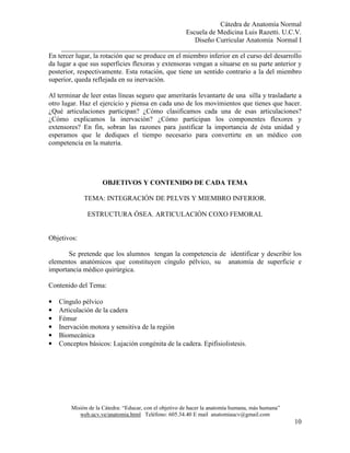 Cátedra de Anatomía Normal
Escuela de Medicina Luis Razetti. U.C.V.
Diseño Curricular Anatomía Normal I
______________________________________________________________________
Misión de la Cátedra: “Educar, con el objetivo de hacer la anatomía humana, más humana”
web.ucv.ve/anatomia.html Teléfono: 605.34.40 E mail anatomiaucv@gmail.com
10
En tercer lugar, la rotación que se produce en el miembro inferior en el curso del desarrollo
da lugar a que sus superficies flexoras y extensoras vengan a situarse en su parte anterior y
posterior, respectivamente. Esta rotación, que tiene un sentido contrario a la del miembro
superior, queda reflejada en su inervación.
Al terminar de leer estas líneas seguro que ameritarás levantarte de una silla y trasladarte a
otro lugar. Haz el ejercicio y piensa en cada uno de los movimientos que tienes que hacer.
¿Qué articulaciones participan? ¿Cómo clasificamos cada una de esas articulaciones?
¿Cómo explicamos la inervación? ¿Cómo participan los componentes flexores y
extensores? En fin, sobran las razones para justificar la importancia de ésta unidad y
esperamos que le dediques el tiempo necesario para convertirte en un médico con
competencia en la materia.
OBJETIVOS Y CONTENIDO DE CADA TEMA
TEMA: INTEGRACIÓN DE PELVIS Y MIEMBRO INFERIOR.
ESTRUCTURA ÓSEA. ARTICULACIÓN COXO FEMORAL
Objetivos:
Se pretende que los alumnos tengan la competencia de identificar y describir los
elementos anatómicos que constituyen cíngulo pélvico, su anatomía de superficie e
importancia médico quirúrgica.
Contenido del Tema:
• Cíngulo pélvico
• Articulación de la cadera
• Fémur
• Inervación motora y sensitiva de la región
• Biomecánica
• Conceptos básicos: Lujación congénita de la cadera. Epifisiolistesis.
 