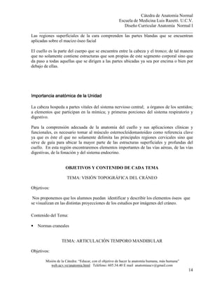 Cátedra de Anatomía Normal
Escuela de Medicina Luis Razetti. U.C.V.
Diseño Curricular Anatomía Normal I
______________________________________________________________________
Misión de la Cátedra: “Educar, con el objetivo de hacer la anatomía humana, más humana”
web.ucv.ve/anatomia.html Teléfono: 605.34.40 E mail anatomiaucv@gmail.com
14
Las regiones superficiales de la cara comprenden las partes blandas que se encuentran
aplicadas sobre el macizo óseo facial
El cuello es la parte del cuerpo que se encuentra entre la cabeza y el tronco; de tal manera
que no solamente contiene estructuras que son propias de este segmento corporal sino que
da paso a todas aquellas que se dirigen a las partes ubicadas ya sea por encima o bien por
debajo de ellas.
Importancia anatómica de la UnidadImportancia anatómica de la UnidadImportancia anatómica de la UnidadImportancia anatómica de la Unidad
La cabeza hospeda a partes vitales del sistema nervioso central; a órganos de los sentidos;
a elementos que participan en la mímica; y primeras porciones del sistema respiratorio y
digestivo.
Para la comprensión adecuada de la anatomía del cuello y sus aplicaciones clínicas y
funcionales, es necesario tomar al músculo esternocleidomastoideo como referencia clave
ya que es éste el que no solamente delimita las principales regiones cervicales sino que
sirve de guía para ubicar la mayor parte de las estructuras superficiales y profundas del
cuello. En esta región encontraremos elementos importantes de las vías aéreas, de las vías
digestivas, de la fonación y del sistema endocrino.
OBJETIVOS Y CONTENIDO DE CADA TEMA
TEMA: VISIÓN TOPOGRÁFICA DEL CRÁNEO
Objetivos:
Nos proponemos que los alumnos puedan identificar y describir los elementos óseos que
se visualizan en las distintas proyecciones de los estudios por imágenes del cráneo.
Contenido del Tema:
• Normas craneales
TEMA: ARTICULACIÓN TEMPORO MANDIBULAR
Objetivos:
 