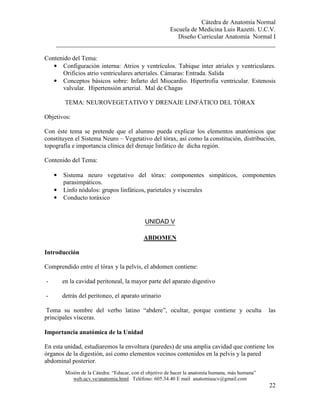 Cátedra de Anatomía Normal
Escuela de Medicina Luis Razetti. U.C.V.
Diseño Curricular Anatomía Normal I
______________________________________________________________________
Misión de la Cátedra: “Educar, con el objetivo de hacer la anatomía humana, más humana”
web.ucv.ve/anatomia.html Teléfono: 605.34.40 E mail anatomiaucv@gmail.com
22
Contenido del Tema:
• Configuración interna: Atrios y ventrículos. Tabique inter atriales y ventriculares.
Orificios atrio ventriculares arteriales. Cámaras: Entrada. Salida
• Conceptos básicos sobre: Infarto del Miocardio. Hipertrofia ventricular. Estenosis
valvular. Hipertensión arterial. Mal de Chagas
TEMA: NEUROVEGETATIVO Y DRENAJE LINFÁTICO DEL TÓRAX
Objetivos:
Con éste tema se pretende que el alumno pueda explicar los elementos anatómicos que
constituyen el Sistema Neuro – Vegetativo del tórax, así como la constitución, distribución,
topografía e importancia clínica del drenaje linfático de dicha región.
Contenido del Tema:
• Sistema neuro vegetativo del tórax: componentes simpáticos, componentes
parasimpáticos.
• Linfo nódulos: grupos linfáticos, parietales y viscerales
• Conducto toráxico
UNIDAD V
ABDOMEN
Introducción
Comprendido entre el tórax y la pelvis, el abdomen contiene:
- en la cavidad peritoneal, la mayor parte del aparato digestivo
- detrás del peritoneo, el aparato urinario
Toma su nombre del verbo latino “abdere”, ocultar, porque contiene y oculta las
principales vísceras.
Importancia anatómica de la Unidad
En esta unidad, estudiaremos la envoltura (paredes) de una amplia cavidad que contiene los
órganos de la digestión, así como elementos vecinos contenidos en la pelvis y la pared
abdominal posterior.
 