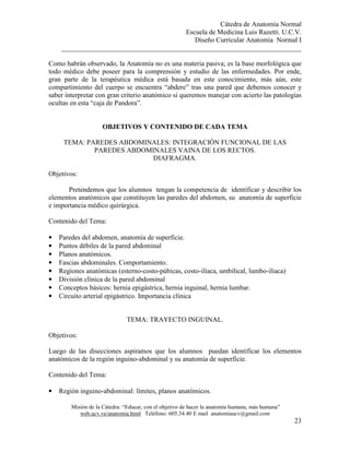 Cátedra de Anatomía Normal
Escuela de Medicina Luis Razetti. U.C.V.
Diseño Curricular Anatomía Normal I
______________________________________________________________________
Misión de la Cátedra: “Educar, con el objetivo de hacer la anatomía humana, más humana”
web.ucv.ve/anatomia.html Teléfono: 605.34.40 E mail anatomiaucv@gmail.com
23
Como habrán observado, la Anatomía no es una materia pasiva; es la base morfológica que
todo médico debe poseer para la comprensión y estudio de las enfermedades. Por ende,
gran parte de la terapéutica médica está basada en este conocimiento, más aún, este
compartimiento del cuerpo se encuentra “abdere” tras una pared que debemos conocer y
saber interpretar con gran criterio anatómico si queremos manejar con acierto las patologías
ocultas en esta “caja de Pandora”.
OBJETIVOS Y CONTENIDO DE CADA TEMA
TEMA: PAREDES ABDOMINALES: INTEGRACIÓN FUNCIONAL DE LAS
PAREDES ABDOMINALES VAINA DE LOS RECTOS.
DIAFRAGMA.
Objetivos:
Pretendemos que los alumnos tengan la competencia de identificar y describir los
elementos anatómicos que constituyen las paredes del abdomen, su anatomía de superficie
e importancia médico quirúrgica.
Contenido del Tema:
• Paredes del abdomen, anatomía de superficie.
• Puntos débiles de la pared abdominal
• Planos anatómicos.
• Fascias abdominales. Comportamiento.
• Regiones anatómicas (esterno-costo-púbicas, costo-ilíaca, umbilical, lumbo-ilíaca)
• División clínica de la pared abdominal
• Conceptos básicos: hernia epigástrica, hernia inguinal, hernia lumbar.
• Circuito arterial epigástrico. Importancia clínica
TEMA: TRAYECTO INGUINAL.
Objetivos:
Luego de las disecciones aspiramos que los alumnos puedan identificar los elementos
anatómicos de la región inguino-abdominal y su anatomía de superficie.
Contenido del Tema:
• Región inguino-abdominal: límites, planos anatómicos.
 