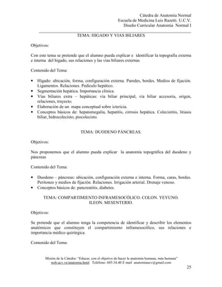 Cátedra de Anatomía Normal
Escuela de Medicina Luis Razetti. U.C.V.
Diseño Curricular Anatomía Normal I
______________________________________________________________________
Misión de la Cátedra: “Educar, con el objetivo de hacer la anatomía humana, más humana”
web.ucv.ve/anatomia.html Teléfono: 605.34.40 E mail anatomiaucv@gmail.com
25
TEMA: HIGADO Y VIAS BILIARES
Objetivos:
Con este tema se pretende que el alumno pueda explicar e identificar la topografía externa
e interna del hígado, sus relaciones y las vías biliares externas
Contenido del Tema:
• Hígado: ubicación, forma, configuración externa. Paredes, bordes. Medios de fijación.
Ligamentos. Relaciones. Pedículo hepático.
• Segmentación hepática. Importancia clínica.
• Vías biliares extra – hepáticas: vía biliar principal, vía biliar accesoria, origen,
relaciones, trayecto.
• Elaboración de un mapa conceptual sobre ictericia.
• Conceptos básicos de: hepatomegalia, hepatitis, cirrosis hepática. Colecistitis, litiasis
biliar, hidrocolecisto, piocolecisto.
TEMA: DUODENO PÁNCREAS.
Objetivos:
Nos proponemos que el alumno pueda explicar la anatomía topográfica del duodeno y
páncreas
Contenido del Tema:
• Duodeno – páncreas: ubicación, configuración externa e interna. Forma, caras, bordes.
Peritoneo y medios de fijación. Relaciones. Irrigación arterial. Drenaje venoso.
• Conceptos básicos de: pancreatitis, diabetes.
TEMA: COMPARTIMIENTO INFRAMESOCÓLICO. COLON. YEYUNO.
ILEON. MESENTERIO.
Objetivos:
Se pretende que el alumno tenga la competencia de identificar y describir los elementos
anatómicos que constituyen el compartimiento inframesocólico, sus relaciones e
importancia médico quirúrgica.
Contenido del Tema:
 