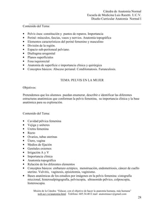 Cátedra de Anatomía Normal
Escuela de Medicina Luis Razetti. U.C.V.
Diseño Curricular Anatomía Normal I
______________________________________________________________________
Misión de la Cátedra: “Educar, con el objetivo de hacer la anatomía humana, más humana”
web.ucv.ve/anatomia.html Teléfono: 605.34.40 E mail anatomiaucv@gmail.com
28
Contenido del Tema:
• Pelvis ósea: constitución y puntos de reparos. Importancia
• Periné: músculos, fascias, vasos y nervios. Anatomía topográfica
• Elementos característicos del periné femenino y masculino
• División de la región.
• Espacio sub-peritoneal pelviano.
• Diafragma urogenital
• Planos superficiales
• Fosa isquiorectal
• Anatomía de superficie e importancia clínica y quirúrgica
• Conceptos básicos: Absceso perianal. Condilomatosis. Furunculosis.
TEMA: PELVIS EN LA MUJER
Objetivos:
Pretendemos que los alumnos puedan enumerar, describir e identificar las diferentes
estructuras anatómicas que conforman la pelvis femenina, su importancia clínica y la base
anatómica para su exploración.
Contenido del Tema:
• Cavidad pélvica femenina
• Vejiga y uréteres
• Uretra femenina
• Recto
• Ovarios, tubas uterinas
• Útero, vagina
• Medios de fijación
• Genitales externos
• Irrigación A y V
• Importancia clínica
• Anatomía topográfica
• Relación de los diferentes elementos
• Conceptos básicos: embarazo ectópico, menstruación, endometriosis, cáncer de cuello
uterino. Vulvitis, vaginosis, episiotomía, vaginismo.
• Bases anatómicas de los estudios por imágenes en la pelvis femenina: cistografía
miccional, histerosalpingografía, pelviscopia, ultrasonido pélvico, colposcopia,
histeroscopia.
 