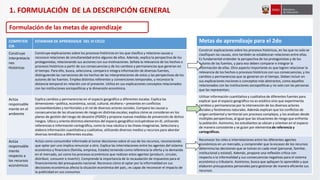 COMPETEN
CIA
ESTANDAR DE APRENDIZAJE DEL VI CICLO
Construye
interpretacio
nes
Históricas
Construye explicaciones sobre los procesos históricos en los que clasifica y relaciona causas y
reconoce relaciones de simultaneidad entre algunos de ellos. Además, explica la perspectiva de los
protagonistas, relacionando sus acciones con sus motivaciones. Señala la relevancia de los hechos o
procesos históricos a partir de sus consecuencias y de los cambios y permanencias que generan en
el tiempo. Para ello, busca, selecciona, compara e integra información de diversas fuentes,
distinguiendo las narraciones de los hechos de las interpretaciones de estos y las perspectivas de los
autores de las fuentes. Emplea distintos referentes y convenciones temporales, y reconoce la
distancia temporal en relación con el presente. Utiliza en sus explicaciones conceptos relacionados
con las instituciones sociopolíticas y la dimensión económica.
Actúa
responsable
mente en el
ambiente
Explica cambios y permanencias en el espacio geográfico a diferentes escalas. Explica las
dimensiones –política, económica, social, cultural, etcétera.– presentes en conflictos
socioambientales y territoriales y el rol de diversos actores sociales. Compara las causas y
consecuencias de las situaciones de riesgo en distintas escalas; explica cómo se consideran en los
planes de gestión del riesgo de desastre (PGRD) y propone nuevas medidas de prevención de dichos
riesgos. Ubica y orienta distintos elementos del espacio geográfico incluyéndose en él, utilizando
referencias e información cartográfica, como la rosa náutica o las líneas imaginarias. Selecciona y
elabora información cuantitativa y cualitativa, utilizando diversos medios y recursos para abordar
diversas temáticas a diferentes escalas.
Actúa
responsable
mente
respecto a
los recursos
económicos
Actúa como consumidor informado al tomar decisiones sobre el uso de los recursos, reconociendo
que optar por uno implica renunciar a otro. Explica las interrelaciones entre los agentes del sistema
económico y financiero (familia, empresa, Estado) teniendo como referencia la oferta y la demanda
en el mercado, así como los procesos económicos que realizan estos agentes (producir, circular,
distribuir, consumir e invertir). Comprende la importancia de la recaudación de impuestos para el
financiamiento del presupuesto nacional. Reconoce cómo el optar por la informalidad en sus
decisiones económicas afecta la situación económica del país.; es capaz de reconocer el impacto de
la publicidad en sus consumos
Metas de aprendizaje para el 2do
Construir explicaciones sobre los procesos históricos, en las que no solo se
clasifiquen las causas, sino también se establezcan relaciones entre ellas.
Es fundamental entender la perspectiva de los protagonistas y de los
autores de las fuentes, y para eso deben comparar e integrar la
información de ellas. Otro aspecto importante es que logren relacionar la
relevancia de los hechos o procesos históricos con sus consecuencias, y los
cambios y permanencias que se generan en el tiempo. Deben incluir en
sus explicaciones nociones o conceptos más abstractos, como aquellos
relacionados con las instituciones sociopolíticas y no solo con las personas
que las representan;
Utilizar información cuantitativa y cualitativa de diferentes fuentes para
explicar que el espacio geográfico no es estático sino que experimenta
cambios y permanencias por la intervención de los diversos actores
sociales y fenómenos naturales. Además explican que los conflictos de
origen ambiental y territorial son procesos complejos, y los analizan desde
múltiples perspectivas, al igual que las situaciones de riesgo que enfrenta
la población. Asimismo, los estudiantes se ubican y orientan en el espacio
de manera consistente y se guían por elementos de referencia y
cartográficos.
Reconocer los roles e interrelaciones entre los diferentes agentes
económicos en un mercado, y comprender que la escasez de los recursos
determina las decisiones que se toman en cada nivel (personal, familiar,
institucional y estatal). Además, propone una reflexión crítica con
respecto a la informalidad y sus consecuencias negativas para el sistema
económico y tributario. Asimismo, busca que apliquen lo aprendido y que
elaboren presupuestos personales para gestionar de manera eficiente sus
recursos.
1. FORMULACIÓN DE LA DESCRIPCIÓN GENERAL
Formulación de las metas de aprendizaje
 