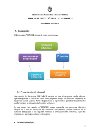 Administración Nacional de Educación Pública

               CONSEJO DE EDUCACIÓN INICIAL Y PRIMARIA

                                 PROGRAMA APRENDER



 E. Componentes

El Programa APRENDER consta de cinco componentes.




   E.1. Propuesta educativa integral

Las escuelas del Programa APRENDER trabajan en base al programa escolar vigente.
Aprobado por el CEIP en el año 2008, dicho programa integró los anteriores Programas de
Educación Inicial, Común, Rural y Especial con la aspiración de garantizar la continuidad
y coherencia en la formación de los niños y jóvenes.

En este marco, las escuelas APRENDER buscan desarrollar una propuesta educativa
integral en la que se reconocen dos vertientes: una primera vertiente centrada en la
inclusión pedagógica y una segunda orientada al enriquecimiento curricular, según las
orientaciones que se presentan a continuación.



a. Inclusión pedagógica
                                                                                       6
 