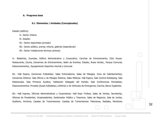 Proyecto de Título 2005 - Facultad de Arquitectura y Urbanismo, Universidad de Chile - Estadio de Fútbol Profesional - Jacques Zelada
32
6. Programa base
6.1 Elementos / Unidades (Conceptuales)
Estadio (edificio)
A.- Sector Urbano.
B.- Estadio:
B1.- Sector deportistas (privado)
B2.- Sector público, prensa, tribuna, galerías (espectáculo)
B3.- Sector instalaciones técnicas (anexos)
A.- Boleterías, Guardias, Edificio Administrativo y Corporativo, Canchas de Entrenamiento, Club House:
Restaurante, Cocina, Camarines de Entrenamiento, Salón de Eventos; Estadio, Áreas Verdes_ Parque Comunal,
Estacionamientos_ Equipamiento Deportivo Vecinal y Comunal.
B1.- Hall Espera, Camarines Futbolistas: Salas Entrenadores, Salas de Masajes; Zona de Calentamientos;
Camarines Árbitros: Sala Oficina y de Masajes Árbitros; Salas Médicas: Hall Espera, Sala Control Antidoping, Sala
Radioscopía, Sala Primeros Auxilios; Habitación Delegado del Partido; Sala Conferencias Periodistas;
Estacionamientos: Privados (buses futbolistas y árbitros) y de Vehículos de Emergencia; Cancha, Banco Suplentes.
B2.- Hall Ingreso, Oficinas Administrativas y Corporativas: Hall Expo Trofeos, Salas de Ventas, Secretarías,
Oficinas de Presidentes, Vicepresidentes, Gestionador Público y Tesoreros, Salas de Negocios, Sala de Juntas,
Auditorio, Archivos; Casetas de Transmisiones: Casetas de Transmisiones Televisivas, Radiales, Monitoreo
 