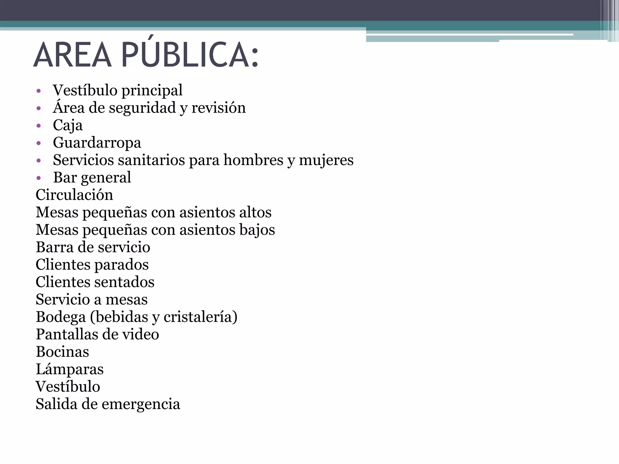 AREA PÚBLICA:
• Vestíbulo principal
• Área de seguridad y revisión
• Caja
• Guardarropa
• Servicios sanitarios para hombres y mujeres
• Bar general
Circulación
Mesas pequeñas con asientos altos
Mesas pequeñas con asientos bajos
Barra de servicio
Clientes parados
Clientes sentados
Servicio a mesas
Bodega (bebidas y cristalería)
Pantallas de video
Bocinas
Lámparas
Vestíbulo
Salida de emergencia