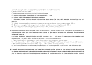 As salas de observação coletiva (adulto e pediátrico) devem atender ao seguinte dimensionamento:
I – Distância mínima entre leitos = 1.0 m;
II – Distância mínima entre leito/paredes (ou qualquer barreira fixa) = 1.0 m;
III – Distância mínima entre pé do leito/paredes (ou qualquer barreira fixa) = 1.20 m;
IV – Distância mínima entre cabeceira do leito/paredes = inexistente;
V – Nos casos de mulheres com recém-nascidos, prever o berço ao lado do leito da mãe, onde o berço deve distar, no mínimo = 0.60 m de outro
berço/leito;
VI – Todos os leitos pediátricos devem possuir poltrona de acompanhamento, com distância mínima entre poltronas/leito = 0.60 m;
VII – Devem ser previstas poltronas de acompanhamento aos idosos, com distância mínima entre poltronas/leito = 0.60 m;
VIII – A(s) porta(s) de acesso à(s) sala(s) deve(m) obter vão livre de 1.20 m, no mínimo, provida(s) de visor.
13. Os banheiros destinados às salas de observação coletiva (adulto e pediátrico) e do quarto individual de curta duração devem ser previstos dentro dos
mesmos ambientes citados, bem como, devem ser do tipo acessível, ou seja, para uso de pessoas com necessidades especiais/deficiência,
atendendo ao mínimo de:
I – A área do sanitário com lavatório deve possuir dimensões mínimas de 1.50 m x 1.70 m (sendo 1.70 m a largura mínima) onde a área interna
deverá possibilitar o giro de uma cadeira de rodas, com raio livre de 0.75 m de circunferência inscrita;
II – Tanto a área do sanitário e lavatório quanto a área do Box com chuveiro devem ser providos de barras de paio;
III – A porta de acesso deverá abrir no sentido de fuga ou permitir a retirada da folha pelo lado de fora, com dimensão mínima de 0.80 m (vão livre) x
2.10 m, no mínimo, provida de barra horizontal a 90 cm do piso, e fechadura do tipo alavanca (ou similares);
IV – Para mais informações não descritas neste Programa Mínimo deve ser consultada e atendida a norma brasileira: NBR 9050:2004 da ABNT.
14. O ambiente denominado “Quarto individual de curta duração” tem a finalidade de “isolar” pacientes em surto psicótico, por abuso de álcool/drogas,
aos detentos, dentre outros casos onde haverá a necessidade de separação do(s) paciente(s) devido a situações específicas (comportamental), não
tendo por objetivo o isolamento de pacientes suspeitos ou portadores de doenças transmissíveis ou proteger pacientes altamente suscetíveis
 