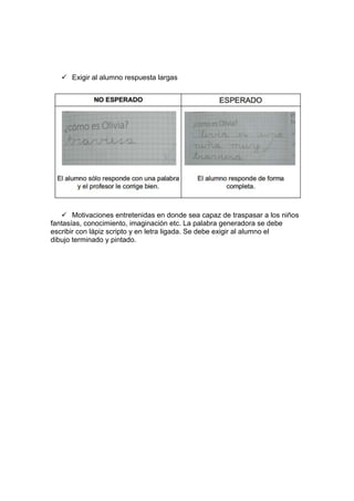  Exigir al alumno respuesta largas
 Motivaciones entretenidas en donde sea capaz de traspasar a los niños
fantasías, conocimiento, imaginación etc. La palabra generadora se debe
escribir con lápiz scripto y en letra ligada. Se debe exigir al alumno el
dibujo terminado y pintado.
 