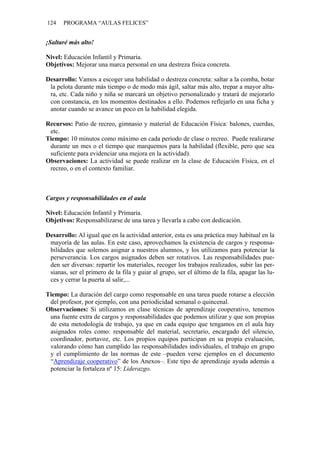 124    PROGRAMA “AULAS FELICES”


¡Saltaré más alto!

Nivel: Educación Infantil y Primaria.
Objetivos: Mejorar una marca personal en una destreza física concreta.

Desarrollo: Vamos a escoger una habilidad o destreza concreta: saltar a la comba, botar
 la pelota durante más tiempo o de modo más ágil, saltar más alto, trepar a mayor altu-
 ra, etc. Cada niño y niña se marcará un objetivo personalizado y tratará de mejorarlo
 con constancia, en los momentos destinados a ello. Podemos reflejarlo en una ficha y
 anotar cuando se avance un poco en la habilidad elegida.

Recursos: Patio de recreo, gimnasio y material de Educación Física: balones, cuerdas,
 etc.
Tiempo: 10 minutos como máximo en cada periodo de clase o recreo. Puede realizarse
 durante un mes o el tiempo que marquemos para la habilidad (flexible, pero que sea
 suficiente para evidenciar una mejora en la actividad).
Observaciones: La actividad se puede realizar en la clase de Educación Física, en el
 recreo, o en el contexto familiar.



Cargos y responsabilidades en el aula

Nivel: Educación Infantil y Primaria.
Objetivos: Responsabilizarse de una tarea y llevarla a cabo con dedicación.

Desarrollo: Al igual que en la actividad anterior, esta es una práctica muy habitual en la
 mayoría de las aulas. En este caso, aprovechamos la existencia de cargos y responsa-
 bilidades que solemos asignar a nuestros alumnos, y los utilizamos para potenciar la
 perseverancia. Los cargos asignados deben ser rotativos. Las responsabilidades pue-
 den ser diversas: repartir los materiales, recoger los trabajos realizados, subir las per-
 sianas, ser el primero de la fila y guiar al grupo, ser el último de la fila, apagar las lu-
 ces y cerrar la puerta al salir,...

Tiempo: La duración del cargo como responsable en una tarea puede rotarse a elección
 del profesor, por ejemplo, con una periodicidad semanal o quincenal.
Observaciones: Si utilizamos en clase técnicas de aprendizaje cooperativo, tenemos
 una fuente extra de cargos y responsabilidades que podemos utilizar y que son propias
 de esta metodología de trabajo, ya que en cada equipo que tengamos en el aula hay
 asignados roles como: responsable del material, secretario, encargado del silencio,
 coordinador, portavoz, etc. Los propios equipos participan en su propia evaluación,
 valorando cómo han cumplido las responsabilidades individuales, el trabajo en grupo
 y el cumplimiento de las normas de este –pueden verse ejemplos en el documento
 “Aprendizaje cooperativo” de los Anexos–. Este tipo de aprendizaje ayuda además a
 potenciar la fortaleza nº 15: Liderazgo.
 