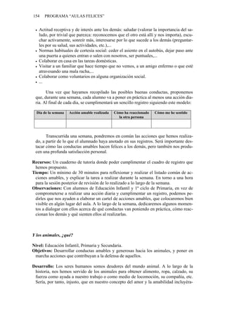 154   PROGRAMA “AULAS FELICES”


   Actitud receptiva y de interés ante los demás: saludar (valorar la importancia del sa-
   ludo, por trivial que parezca: reconocemos que el otro está allí y nos importa), escu-
   char activamente, sonreír más, interesarse por lo que sucede a los demás (preguntar-
   les por su salud, sus actividades, etc.),...
   Normas habituales de cortesía social: ceder el asiento en el autobús, dejar paso ante
   una puerta a quienes entran o salen con nosotros, ser puntuales,...
   Colaborar en casa en las tareas domésticas.
   Visitar a un familiar que hace tiempo que no vemos, a un amigo enfermo o que esté
   atravesando una mala racha,...
   Colaborar como voluntarios en alguna organización social.
   ...

       Una vez que hayamos recopilado las posibles buenas conductas, proponemos
 que, durante una semana, cada alumno va a poner en práctica al menos una acción dia-
 ria. Al final de cada día, se cumplimentará un sencillo registro siguiendo este modelo:

  Día de la semana   Acción amable realizada   Cómo ha reaccionado   Cómo me he sentido
                                                 la otra persona




       Transcurrida una semana, pondremos en común las acciones que hemos realiza-
 do, a partir de lo que el alumnado haya anotado en sus registros. Será importante des-
 tacar cómo las conductas amables hacen felices a los demás, pero también nos produ-
 cen una profunda satisfacción personal.

Recursos: Un cuaderno de tutoría donde poder cumplimentar el cuadro de registro que
 hemos propuesto.
Tiempo: Un mínimo de 30 minutos para reflexionar y realizar el listado común de ac-
 ciones amables, y explicar la tarea a realizar durante la semana. En torno a una hora
 para la sesión posterior de revisión de lo realizado a lo largo de la semana.
Observaciones: Con alumnos de Educación Infantil y 1º ciclo de Primaria, en vez de
 comprometerse a realizar una acción diaria y cumplimentar un registro, podemos pe-
 dirles que nos ayuden a elaborar un cartel de acciones amables, que colocaremos bien
 visible en algún lugar del aula. A lo largo de la semana, dedicaremos algunos momen-
 tos a dialogar con ellos acerca de qué conductas van poniendo en práctica, cómo reac-
 cionan los demás y qué sienten ellos al realizarlas.



Y los animales, ¿qué?

Nivel: Educación Infantil, Primaria y Secundaria.
Objetivos: Desarrollar conductas amables y generosas hacia los animales, y poner en
 marcha acciones que contribuyan a la defensa de aquellos.

Desarrollo: Los seres humanos somos deudores del mundo animal. A lo largo de la
 historia, nos hemos servido de los animales para obtener alimento, ropa, calzado, su
 fuerza como ayuda a nuestro trabajo o como medio de locomoción, su compañía, etc.
 Sería, por tanto, injusto, que en nuestro concepto del amor y la amabilidad incluyéra-
 