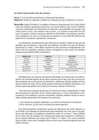 Fortalezas personales (2). Propuestas específicas    229


La virtud: el justo medio entre dos extremos

Nivel: 3º ciclo de Educación Primaria y Educación Secundaria.
Objetivos: Analizar y aprender a regular las conductas sin caer en defectos ni excesos.

Desarrollo: Según Aristóteles, la conducta virtuosa se caracteriza por ser el justo medio
 entre dos extremos igualmente perniciosos, ya sea por defecto o por exceso. Podemos
 comenzar exponiendo esta afirmación a los alumnos y presentándoles un ejemplo: una
 virtud como el valor, cuyo defecto sería el temor, y su exceso la temeridad. En este
 caso, la conducta virtuosa consiste en afrontar las dificultades o los peligros con deci-
 sión y prudencia, sin caer en el miedo que nos paraliza, ni en la falta de reflexión que
 puede llevar a conductas imprudentes y temerarias.

     A continuación, les proponemos que reflexionen en grupos a partir de una serie de
 ejemplos que les daremos, y que traten de completar una tabla en la que les daremos
 únicamente la virtud, y ellos deben encontrar los dos extremos correspondientes. Po-
 demos usar los siguientes ejemplos (hemos consignado en letra cursiva las posibles
 respuestas que deberán hallar los alumnos):

           DEFECTO                     VIRTUD                          EXCESO
            Tristeza                    Alegría                         Euforia
            Avaricia                 Generosidad                      Despilfarro
            Desorden                    Orden                        Compulsividad
              Odio                       Amor                      Olvido de sí mismo
          Inconstancia               Perseverancia                     Terquedad
           Presunción                  Modestia            Falta de autoestima, desvaloración
          Impaciencia                  Paciencia                    Despreocupación
               …                          …                                …

     Probablemente, los alumnos encontrarán dificultades a la hora de dar un nombre o
 definir con exactitud algunos de los polos extremos, por lo que sería muy útil que pu-
 dieran disponer de un diccionario de sinónimos y antónimos; también podrían servirse
 del procesador de textos Word, donde pueden localizarse fácilmente sinónimos y an-
 tónimos para cada palabra (en el menú Herramientas: Idioma: Sinónimos).

     Tras esta tarea en grupos, pasaremos a la puesta en común, comprobando si todos
 han encontrado los dos polos de las virtudes propuestas, y si hay coincidencias o dis-
 crepancias en los defectos y excesos encontrados. Además, podemos iniciar un intere-
 sante coloquio planteando a los alumnos dos cuestiones:

       A la vista de los ejemplos analizados: ¿es cierta la afirmación de Aristóteles?
       En la vida real, ¿es tan clara la existencia de polos opuestos?

     Esta última pregunta es importante, puesto que diferenciar dos polos opuestos es,
 en el fondo, una estrategia de pensamiento para categorizar las cosas, pero en la prác-
 tica lo más adecuado es considerar los fenómenos como un “continuo”: tanto al hablar
 de la virtud como de cualquier otro concepto que tenga rasgos opuestos, lo habitual es
 que no pueda calificarse casi nunca como “blanco” o “negro”, sino como tendiendo
 hacia un lado o hacia otro, situándose dentro de una línea continua imaginaria que une
 ambos extremos.
 