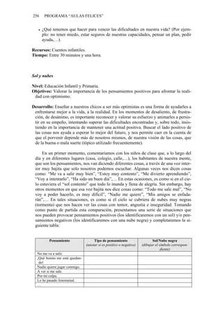 256    PROGRAMA “AULAS FELICES”


      ¿Qué tenemos que hacer para vencer las dificultades en nuestra vida? (Por ejem-
      plo: no tener miedo, estar seguros de nuestras capacidades, pensar un plan, pedir
      ayuda,…).

Recursos: Cuentos infantiles.
Tiempo: Entre 30 minutos y una hora.



Sol y nubes

Nivel: Educación Infantil y Primaria.
Objetivos: Valorar la importancia de los pensamientos positivos para afrontar la reali-
 dad con optimismo.

Desarrollo: Enseñar a nuestros chicos a ser más optimistas es una forma de ayudarles a
 enfrentarse mejor a la vida, a la realidad. En los momentos de desaliento, de frustra-
 ción, de desánimo, es importante reconocer y valorar su esfuerzo y animarles a persis-
 tir en su empeño, intentando superar las dificultades encontradas y, sobre todo, insis-
 tiendo en la importancia de mantener una actitud positiva. Buscar el lado positivo de
 las cosas nos ayuda a esperar lo mejor del futuro, y nos permite caer en la cuenta de
 que el porvenir depende más de nosotros mismos, de nuestra visión de las cosas, que
 de la buena o mala suerte (tópico utilizado frecuentemente).

     En un primer momento, comentaríamos con los niños de clase que, a lo largo del
 día y en diferentes lugares (casa, colegio, calle,…), los habitantes de nuestra mente,
 que son los pensamientos, nos van diciendo diferentes cosas, a través de una voz inter-
 ior muy bajita que solo nosotros podemos escuchar. Algunas veces nos dicen cosas
 como: “Me va a salir muy bien”, “Estoy muy contento”, “Me divierto aprendiendo”,
 “Voy a intentarlo”, “Ha sido un buen día”,… En estas ocasiones, es como si en el cie-
 lo estuviera el “sol contento” que todo lo inunda y llena de alegría. Sin embargo, hay
 otros momentos en que esa voz bajita nos dice cosas como: “Todo me sale mal”, “No
 voy a poder hacerlo, es muy difícil”, “Nadie me quiere”, “Mis amigos se enfada-
 rán”,… En tales situaciones, es como si el cielo se cubriera de nubes muy negras
 (tormenta) que nos hacen ver las cosas con temor, angustia e inseguridad. Tomando
 como punto de partida esta comparación, presentamos una serie de situaciones que
 nos pueden provocar pensamientos positivos (los identificaremos con un sol) y/o pen-
 samientos negativos (los identificaremos con una nube negra) y completaremos la si-
 guiente tabla:


         Pensamiento                 Tipo de pensamiento                    Sol/Nube negra
                                (anotar si es positivo o negativo)   (dibujar el símbolo correspon-
                                                                                  diente)
  No me va a salir.
  ¡Qué bonito me está quedan-
   do!
  Nadie quiere jugar conmigo.
  A ver si me sale.
  Por mi culpa.
  Lo he pasado fenomenal.
  …
 
