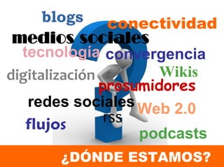 blogs      conectividad
 medios sociales
  tecnología convergencia
                      Wikis
digitalización
               prosumidores
   redes sociales Web 2.0
                rss
   flujos
                    podcasts
       ¿DÓNDE ESTAMOS?
 