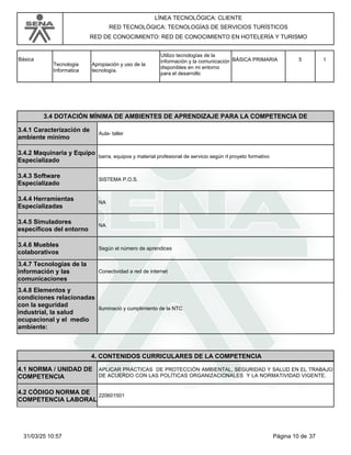 LÍNEA TECNOLÓGICA: CLIENTE
RED TECNOLÓGICA: TECNOLOGÍAS DE SERVICIOS TURÍSTICOS
RED DE CONOCIMIENTO: RED DE CONOCIMIENTO EN HOTELERÍA Y TURISMO
Básica
Tecnologia
Informatica
BÁSICA PRIMARIA
Apropiación y uso de la
tecnología.
Utilizo tecnologías de la
información y la comunicación
disponibles en mi entorno
para el desarrollo
5 1
3.4 DOTACIÓN MÍNIMA DE AMBIENTES DE APRENDIZAJE PARA LA COMPETENCIA DE
3.4.1 Caracterización de
ambiente mínimo
Aula- taller
3.4.2 Maquinaria y Equipo
Especializado
barra, equipos y material profesional de servicio según rl proyeto formativo
3.4.3 Software
Especializado
SISTEMA P.O.S.
3.4.4 Herramientas
Especializadas
NA
3.4.5 Simuladores
específicos del entorno
NA
3.4.6 Muebles
colaborativos
Según el número de aprendices
3.4.7 Tecnologías de la
información y las
comunicaciones
Conectividad a red de internet
3.4.8 Elementos y
condiciones relacionadas
con la seguridad
industrial, la salud
ocupacional y el medio
ambiente:
Iluminació y cumplimiento de la NTC
4.CONTENIDOS CURRICULARES DE LA COMPETENCIA
APLICAR PRÁCTICAS DE PROTECCIÓN AMBIENTAL, SEGURIDAD Y SALUD EN EL TRABAJO
DE ACUERDO CON LAS POLÍTICAS ORGANIZACIONALES Y LA NORMATIVIDAD VIGENTE.
4.1 NORMA / UNIDAD DE
COMPETENCIA
220601501
4.2 CÓDIGO NORMA DE
COMPETENCIA LABORAL
Página 10 de 37
31/03/25 10:57
 