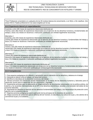 LÍNEA TECNOLÓGICA: CLIENTE
RED TECNOLÓGICA: TECNOLOGÍAS DE SERVICIOS TURÍSTICOS
RED DE CONOCIMIENTO: RED DE CONOCIMIENTO EN HOTELERÍA Y TURISMO
Título Profesional universitario en cualquiera de los 55 núcleos básicos de conocimiento, o en NULL o Sin clasificar. (Ver
anexo N.B.C) Tarjeta profesional en los casos exigidos por la Ley
4.8.2 Experiencia laboral y/o especialización:
Cuarenta y ocho (48) meses de experiencia relacionada distribuida así:
Treinta y seis (36) meses de experiencia relacionada con el ejercicio de los derechos humanos y fundamentales del
trabajo y doce (12) meses en docencia o instrucción certificada por entidad legalmente reconocida.
Alternativa 1.
Cuarenta y dos (42) meses de experiencia relacionada distribuida así:
Treinta (30) meses de experiencia relacionada con el ejercicio de los derechos humanos y fundamentales del trabajo y
Doce (12) meses en docencia o instrucción certificada por entidad legalmente reconocida.
Alternativa 2
Treinta y seis (36) meses de experiencia relacionada distribuida así:
Veinticuatro (24) meses de experiencia relacionada con el ejercicio de los derechos humanos y fundamentales del trabajo
y doce (12) meses en docencia o instrucción certificada por entidad legalmente reconocida
Alternativa 3
Treinta (30) meses de experiencia relacionada distribuida así:
Dieciocho (18) meses de experiencia relacionada con el ejercicio de los derechos humanos y fundamentales del trabajo y
doce (12) meses en docencia o instrucción certificada por entidad legalmente reconocida
Alternativa 4
Veinticuatro (24) meses de experiencia relacionada distribuida así:
Doce (12) meses de experiencia relacionada con el ejercicio de los derechos humanos y fundamentales del trabajo y doce
(12) meses en docencia o instrucción certificada por entidad legalmente reconocida
4.8.3 Competencias:
1. Crea espacios pedagógicos de reflexión y apropiación para la valoración de los derechos y deberes en el trabajo
2. Interpreta la relación entre el trabajo y el desarrollo humano.
3. Identifica la naturaleza de los derechos humanos y del trabajo.
4. Genera procesos de interacción social interacciones en el marco de los derechos humanos y laborales para el
desarrollo social para el desarrollo de con autonomía y dignidad.
5. Implementa acciones para la elaboración el diligenciamiento de documentos relacionados con la política pública, de
salarios y los acuerdos internacionales de la OIT y los derechos económicos, sociales y de bienestar derivadas de las
acciones laborales.
6. Argumenta los derechos el ejercicio de los derechos fundamentales del trabajo y los mecanismos de protección como
ejercicio de la ciudadanía laboral.
7. Organiza acciones pedagógicas para la aplicación de los principios de los derechos de asociación.
8. Integra acciones de solidaridad para la defensa del ser humano, la naturaleza y la cultura de la paz. y los valores de la
convivencia la paz y la ciudadana
Página 22 de 37
31/03/25 10:57
 