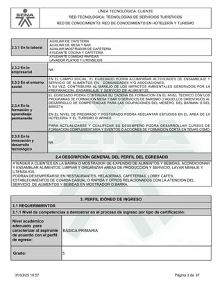 LÍNEA TECNOLÓGICA: CLIENTE
RED TECNOLÓGICA: TECNOLOGÍAS DE SERVICIOS TURÍSTICOS
RED DE CONOCIMIENTO: RED DE CONOCIMIENTO EN HOTELERÍA Y TURISMO
2.3.1 En lo laboral
AUXILIAR DE CAFETERIA
AUXILIAR DE MESA Y BAR
AUXILIAR MOSTRADOR DE CAFETERIA
AYUDANTE COCINA Y CAFETERIA
AYUDANTE COMIDAS RAPIDAS
LAVADOR PLATOS Y UTENSILIOS
2.3.2 En lo
empresarial
NA
2.3.3 En el entorno
social
EN EL CAMPO SOCIAL, EL EGRESADO PODRA ACOMPAÑAR ACTIVIDADES DE ENSAMBLAJE Y
SERVICIO DE ALIMENTOS EN COMUNIDADES Y/O ASOCIACIONES.
A SU VEZ, CONTRIBUIRA AL MANEJO DE LOS IMPACTOS AMBIENTALES GENERADOS POR LA
PREPARACION, ENSAMBLAJE Y SERVICIO DE ALIMENTOS.
2.3.4 En la
formación y
aprendizaje
permanente
EL EGRESADO PODRA CONTINUAR SU CADENA DE FORMACION EN EL NIVEL TECNICO CON LOS
PROGRAMAS DE FORMACION MESA Y BAR O SERVICIOS DE BARISMO O AQUELLOS ORIENTADOS AL
DESARROLLO DE COMPETENCIAS PARA LAS OCUPACIONES DEL MESERO, DEL BARMAN O DEL
BARISTA
EN EL NIVEL DE PREGRADO Y POSTGRADO PODRA ADELANTAR ESTUDIOS EN EL AREA DE LA
HOTELERIA Y EL TURISMO O AFINES.
PARA ACTUALIZARSE Y CUALIFICAR SU DESEMPEÑO PODRA DESARROLLAR CURSOS DE
FORMACION COMPLEMENTARIA Y EVENTOS O ACCIONES DE FORMACION CORTA EN TEMAS COMO:
2.3.5 En la
innovación y
desarrollo
tecnológico
NA
ATENDER A CLIENTES EN LA BARRA O MOSTRADOR DE EXPENDIO DE ALIMENTOS Y BEBIDAS, ACONDICIONAR
Y ENSAMBLAR ALIMENTOS, LIMPIAR Y ORGANIZAR AREAS DE PRODUCCION Y SERVICIO, LAVAR MENAJE Y
UTENSILIOS.
PODRAN DESEMPEÑARSE EN RESTAURANTES, HELADERIAS, CAFETERIAS, LOBBY CAFES,
ESTABLECIMIENTOS DE COMIDA CASUAL O RAPIDA Y OTROS RELACIONADOS CON LA ATENCION DEL
SERVICIO DE ALIMENTOS Y BEBIDAS EN MOSTRADOR O BARRA.
2.4 DESCRIPCIÓN GENERAL DEL PERFIL DEL EGRESADO
3. PERFIL IDÓNEO DE INGRESO
3.1 REQUERIMIENTOS
3.1.1 Nivel de competencias a demostrar en el proceso de ingreso por tipo de certificación:
Nivel académico
adecuado para
caracterizar al aspirante
de acuerdo con el perfil
de egreso:
5
Grado:
BÁSICA PRIMARIA
Página 3 de 37
31/03/25 10:57
 