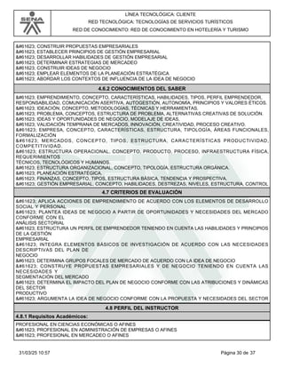 LÍNEA TECNOLÓGICA: CLIENTE
RED TECNOLÓGICA: TECNOLOGÍAS DE SERVICIOS TURÍSTICOS
RED DE CONOCIMIENTO: RED DE CONOCIMIENTO EN HOTELERÍA Y TURISMO
 CONSTRUIR PROPUESTAS EMPRESARIALES
 ESTABLECER PRINCIPIOS DE GESTIÓN EMPRESARIAL
 DESARROLLAR HABILIDADES DE GESTIÓN EMPRESARIAL
 DETERMINAR ESTRATEGIAS DE MERCADEO
 CONSTRUIR IDEAS DE NEGOCIO
 EMPLEAR ELEMENTOS DE LA PLANEACIÓN ESTRATÉGICA
 ABORDAR LOS CONTEXTOS DE INFLUENCIA DE LA IDEA DE NEGOCIO
4.6.2 CONOCIMIENTOS DEL SABER
 EMPRENDIMIENTO, CONCEPTO, CARACTERÍSTICAS, HABILIDADES, TIPOS, PERFIL EMPRENDEDOR,
RESPONSABILIDAD, COMUNICACIÓN ASERTIVA, AUTOGESTIÓN, AUTONOMÍA, PRINCIPIOS Y VALORES ÉTICOS.
 IDEACIÓN, CONCEPTO, METODOLOGÍAS, TÉCNICAS Y HERRAMIENTAS.
 PROBLEMA, CONCEPTOS, ESTRUCTURA DE PROBLEMA, ALTERNATIVAS CREATIVAS DE SOLUCIÓN.
 IDEAS Y OPORTUNIDADES DE NEGOCIO, MODELAJE DE IDEAS,
 VALIDACIÓN TEMPRANA DE MERCADOS, INNOVACIÓN, CREATIVIDAD, PROCESO CREATIVO.
 EMPRESA, CONCEPTO, CARACTERÍSTICAS, ESTRUCTURA, TIPOLOGÍA, ÁREAS FUNCIONALES,
FORMALIZACIÓN
 MERCADOS, CONCEPTO, TIPOS, ESTRUCTURA, CARACTERÍSTICAS PRODUCTIVIDAD,
COMPETITIVIDAD.
 ESTRUCTURA OPERACIONAL, CONCEPTO, PRODUCTO, PROCESO, INFRAESTRUCTURA FÍSICA,
REQUERIMIENTOS
TÉCNICOS, TECNOLÓGICOS Y HUMANOS.
 ESTRUCTURA ORGANIZACIONAL, CONCEPTO, TIPOLOGÍA, ESTRUCTURA ORGÁNICA.
 PLANEACIÓN ESTRATÉGICA.
 FINANZAS, CONCEPTO, TIPOS, ESTRUCTURA BÁSICA, TENDENCIA Y PROSPECTIVA.
 GESTIÓN EMPRESARIAL, CONCEPTO, HABILIDADES, DESTREZAS, NIVELES, ESTRUCTURA, CONTROL
4.7 CRITERIOS DE EVALUACIÓN
 APLICA ACCIONES DE EMPRENDIMIENTO DE ACUERDO CON LOS ELEMENTOS DE DESARROLLO
SOCIAL Y PERSONAL
 PLANTEA IDEAS DE NEGOCIO A PARTIR DE OPORTUNIDADES Y NECESIDADES DEL MERCADO
CONFORME CON EL
ANÁLISIS SECTORIAL
 ESTRUCTURA UN PERFIL DE EMPRENDEDOR TENIENDO EN CUENTA LAS HABILIDADES Y PRINCIPIOS
DE LA GESTIÓN
EMPRESARIAL
 INTEGRA ELEMENTOS BÁSICOS DE INVESTIGACIÓN DE ACUERDO CON LAS NECESIDADES
DESCRIPTIVAS DEL PLAN DE
NEGOCIO
 DETERMINA GRUPOS FOCALES DE MERCADO DE ACUERDO CON LA IDEA DE NEGOCIO
 CONSTRUYE PROPUESTAS EMPRESARIALES Y DE NEGOCIO TENIENDO EN CUENTA LAS
NECESIDADES Y
SEGMENTACIÓN DEL MERCADO
 DETERMINA EL IMPACTO DEL PLAN DE NEGOCIO CONFORME CON LAS ATRIBUCIONES Y DINÁMICAS
DEL SECTOR
PRODUCTIVO
 ARGUMENTA LA IDEA DE NEGOCIO CONFORME CON LA PROPUESTA Y NECESIDADES DEL SECTOR
4.8 PERFIL DEL INSTRUCTOR
4.8.1 Requisitos Académicos:
PROFESIONAL EN CIENCIAS ECONÓMICAS O AFINES
 PROFESIONAL EN ADMINISTRACIÓN DE EMPRESAS O AFINES
 PROFESIONAL EN MERCADEO O AFINES
Página 30 de 37
31/03/25 10:57
 