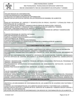 LÍNEA TECNOLÓGICA: CLIENTE
RED TECNOLÓGICA: TECNOLOGÍAS DE SERVICIOS TURÍSTICOS
RED DE CONOCIMIENTO: RED DE CONOCIMIENTO EN HOTELERÍA Y TURISMO
1
ANALIZAR RIESGOS DE CONTAMINACIÓN.
CLASIFICAR RIESGOS DE CONTAMINACIÓN.
ESTABLECER FACTORES DE RIESGO DE CONTAMINACIÓN.
UBICAR PUNTOS CRÍTICOS DE CONTROL EN LOS PROCESOS DE ENSAMBLE DE ALIMENTOS.
2
MANEJAR PROGRAMA DE LIMPIEZA Y DESINFECCIÓN EN ÁREAS, EQUIPOS Y UTENSILIOS PARA LA
PREPARACIÓN DE ALIMENTOS.
APLICAR TÉCNICAS DE LIMPIEZA Y DESINFECCIÓN EN ÁREAS DE PRODUCCIÓN Y SERVICIO.
LIMPIAR ÁREAS, EQUIPOS Y UTENSILIOS PARA LA MANIPULACIÓN DE ALIMENTOS Y BEBIDAS.
DOSIFICAR Y PREPARAR AGENTES DE LIMPIEZA Y DESINFECCIÓN.
REALIZAR MANTENIMIENTO PREVENTIVO DE EQUIPOS EN LOS PROCESOS DE LIMPIEZA Y DESINFECCIÓN.
3
CONOCER PROGRAMA DE CONTROL DE PLAGAS.
EMPLEAR PROGRAMA DE RESIDUOS.
CUMPLIR LA NORMATIVIDAD DE MANIPULACIÓN DE ALIMENTOS.
USAR VESTIMENTA DE TRABAJO.
UTILIZAR ELEMENTOS DE PROTECCIÓN PERSONAL.
EJECUTAR PROCEDIMIENTOS OPERATIVOS ESTÁNDAR EN LA MANIPULACIÓN DE ALIMENTOS.
MANEJAR PLAN DE SANEAMIENTO.
4.6.2 CONOCIMIENTOS DEL SABER
1
AGENTES PATÓGENOS: CONCEPTOS, CLASES, CARACTERÍSTICAS, MEDIOS Y FACTORES DE INCUBACIÓN.
ENFERMEDADES INFECTOCONTAGIOSAS: CONCEPTO, FUNDAMENTOS GENERALES.
ENFERMEDADES TRANSMITIDAS POR ALIMENTOS: CONCEPTOS, TIPOS, SINTOMATOLOGÍA, MECANISMOS DE
CONTROL.
RIESGOS DE CONTAMINACIÓN: CONCEPTO, CRITERIOS DE CLASIFICACIÓN, FUENTES, MECANISMOS,
PUNTOS CRÍTICOS DE CONTROL APLICADOS A LA MANIPULACIÓN DE ALIMENTOS, CONSECUENCIAS.
2
LIMPIEZA Y DESINFECCIÓN: CONCEPTO, TÉCNICAS, MÉTODOS, SOLUCIONES, PROTOCOLOS, PROGRAMA DE
LIMPIEZA Y DESINFECCIÓN.
PROCEDIMIENTOS OPERATIVOS ESTANDARIZADOS DE SANEAMIENTO: DEFINICIÓN, ALCANCE Y
NORMATIVIDAD.
BUENAS PRÁCTICAS DE MANUFACTURA: DEFINICIÓN, ALCANCE Y NORMATIVIDAD.
3
PLAN DE SANEAMIENTO: CONCEPTO, COMPONENTES PROGRAMAS.
PLAGAS: CONCEPTO, TIPOS, CLASES, PROGRAMA DE CONTROL.
RESIDUOS: CARACTERÍSTICAS, IMPACTO, TIPOS, TÉCNICAS DE CLASIFICACIÓN Y DISPOSICIÓN, PROGRAMA
DE DESECHOS SÓLIDOS Y NORMATIVA DE MANEJO DE DESECHOS LÍQUIDOS, ACEITES, AGUAS RESIDUALES.
HIGIENE Y MANIPULACIÓN DE ALIMENTOS: MARCO LEGAL, NORMAS TÉCNICAS SECTORIALES, DEBERES DEL
4.7 CRITERIOS DE EVALUACIÓN
1
IDENTIFICA LOS MECANISMOS DE CONTAMINACIÓN DE LOS ALIMENTOS DE ACUERDO CON FACTORES Y
FUENTES.
CLASIFICA LOS CONTAMINANTES DE LOS ALIMENTOS SEGÚN FUENTES Y FACTORES QUE LA GENERAN.
DEFINE PUNTOS CRÍTICOS A CONTROLAR EN EL SERVICIO DE ALIMENTOS Y BEBIDAS SEGÚN FUENTES Y
FACTORES DE CONTAMINACIÓN.
RELACIONA SINTOMATOLOGÍA DE ENFERMEDADES CON RIESGOS DE CONTAMINACIÓN EN LOS ALIMENTOS.
Página 32 de 37
31/03/25 10:57
 