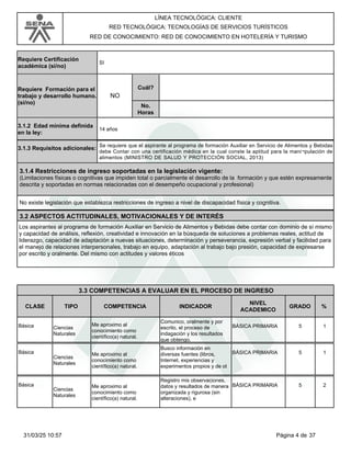LÍNEA TECNOLÓGICA: CLIENTE
RED TECNOLÓGICA: TECNOLOGÍAS DE SERVICIOS TURÍSTICOS
RED DE CONOCIMIENTO: RED DE CONOCIMIENTO EN HOTELERÍA Y TURISMO
Requiere Certificación
académica (si/no)
SI
Requiere Formación para el
trabajo y desarrollo humano.
(si/no)
NO
Cuál?
No.
Horas
3.1.2 Edad mínima definida
en la ley:
14 años
3.1.3 Requisitos adicionales:
Se requiere que el aspirante al programa de formación Auxiliar en Servicio de Alimentos y Bebidas
debe Contar con una certificación médica en la cual conste la aptitud para la mani¬pulación de
alimentos (MINISTRO DE SALUD Y PROTECCIÓN SOCIAL, 2013)
3.1.4 Restricciones de ingreso soportadas en la legislación vigente:
(Limitaciones físicas o cognitivas que impiden total o parcialmente el desarrollo de la formación y que estén expresamente
descrita y soportadas en normas relacionadas con el desempeño ocupacional y profesional)
No existe legislación que establezca restricciones de ingreso a nivel de discapacidad física y cognitiva.
3.2 ASPECTOS ACTITUDINALES, MOTIVACIONALES Y DE INTERÉS
Los aspirantes al programa de formación Auxiliar en Servicio de Alimentos y Bebidas debe contar con dominio de sí mismo
y capacidad de análisis, reflexión, creatividad e innovación en la búsqueda de soluciones a problemas reales, actitud de
liderazgo, capacidad de adaptación a nuevas situaciones, determinación y perseverancia, expresión verbal y facilidad para
el manejo de relaciones interpersonales, trabajo en equipo, adaptación al trabajo bajo presión, capacidad de expresarse
por escrito y oralmente. Del mismo con actitudes y valores éticos
CLASE
3.3 COMPETENCIAS A EVALUAR EN EL PROCESO DE INGRESO
TIPO COMPETENCIA INDICADOR
NIVEL
ACADEMICO
GRADO %
Básica Ciencias
Naturales
BÁSICA PRIMARIA
Me aproximo al
conocimiento como
científico(a) natural.
Comunico, oralmente y por
escrito, el proceso de
indagación y los resultados
que obtengo.
5 1
Básica
Ciencias
Naturales
BÁSICA PRIMARIA
Me aproximo al
conocimiento como
científico(a) natural.
Busco información en
diversas fuentes (libros,
Internet, experiencias y
experimentos propios y de ot
5 1
Básica
Ciencias
Naturales
BÁSICA PRIMARIA
Me aproximo al
conocimiento como
científico(a) natural.
Registro mis observaciones,
datos y resultados de manera
organizada y rigurosa (sin
alteraciones), e
5 2
Página 4 de 37
31/03/25 10:57
 