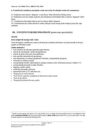 Anexa nr. 2 la OMECTS nr. 4800/31.VIII. 2010 
Pagina 7 din 15 
Programa de examen pentru disciplina Limba engleză 
Bacalaureat 2011 
4. Transferul şi medierea mesajelor orale sau scrise în situaţii variate de comunicare 
4.1 Explicarea unei scheme / diagrame / a unui desen / tabel, folosind un limbaj comun. 
4.2 Redactarea unui text simplu explicativ prin transferarea informaţiilor dintr-o schemă / diagramă / tabel / desen. 
4.3 Transferarea informaţiilor dintr-un text în scheme, tabele, diagrame. 
4.4 Transformarea din vorbire directă în vorbire indirectă a unor mesaje foarte simple pe teme din viaţa cotidiană. 
III. CONŢINUTURI RECOMANDATE (pentru toate specializările) 
TEXTE 
Surse şi tipuri de mesaje orale / scrise 
Texte de lungime variabilă care conţin şi elemente de vocabular nefamiliare, la viteză normală, în diverse registre, de dificultate medie: 
Limba modernă 1 
 texte autentice de informare generală, pagini Internet; 
 articole de enciclopedie / lucrări de popularizare; 
 articole de presă scrisă, ştiri, texte publicitare; 
 texte specifice domeniilor de specializare; 
 texte funcţionale cu conţinut operaţional: formulare, corespondenţă, prospecte; 
 formulare cu utilizare curentă; 
 corespondenţă oficială / administrativă, anunţuri, reclame, cereri, chestionare, procese verbale, C.V.; 
 corespondenţă personală, invitaţii, felicitări; 
 diagrame, grafice, tabele; 
 conferinţe, prezentări, interviuri; 
 transmisiuni radio şi TV, talk-show-uri; 
 *fragmente de critică literară; 
 *texte literare autentice neadaptate de dimensiuni reduse/ medii; 
 *texte de tip reflexiv; 
 *înregistrări preluate din mass-media; 
* Tipurile de texte marcate prin asterisc (*) şi corp de literă cursiv se adaugă celor din trunchiul comun şi sunt obligatorii numai pentru specializările filologie (filiera teoretică, profil umanist) şi ştiinţe sociale (profil militar M.A.I.), care au prevăzută 1 oră/ săpt. de limba modernă 1 în curriculumul diferenţiat (CD). 
 