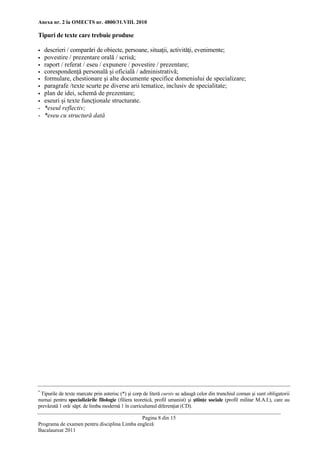Anexa nr. 2 la OMECTS nr. 4800/31.VIII. 2010 
Pagina 8 din 15 
Programa de examen pentru disciplina Limba engleză 
Bacalaureat 2011 
Tipuri de texte care trebuie produse 
 descrieri / comparări de obiecte, persoane, situaţii, activităţi, evenimente; 
 povestire / prezentare orală / scrisă; 
 raport / referat / eseu / expunere / povestire / prezentare; 
 corespondenţă personală şi oficială / administrativă; 
 formulare, chestionare şi alte documente specifice domeniului de specializare; 
 paragrafe /texte scurte pe diverse arii tematice, inclusiv de specialitate; 
 plan de idei, schemă de prezentare; 
 eseuri şi texte funcţionale structurate. 
- *eseul reflectiv; 
- *eseu cu structură dată 
* Tipurile de texte marcate prin asterisc (*) şi corp de literă cursiv se adaugă celor din trunchiul comun şi sunt obligatorii numai pentru specializările filologie (filiera teoretică, profil umanist) şi ştiinţe sociale (profil militar M.A.I.), care au prevăzută 1 oră/ săpt. de limba modernă 1 în curriculumul diferenţiat (CD).  